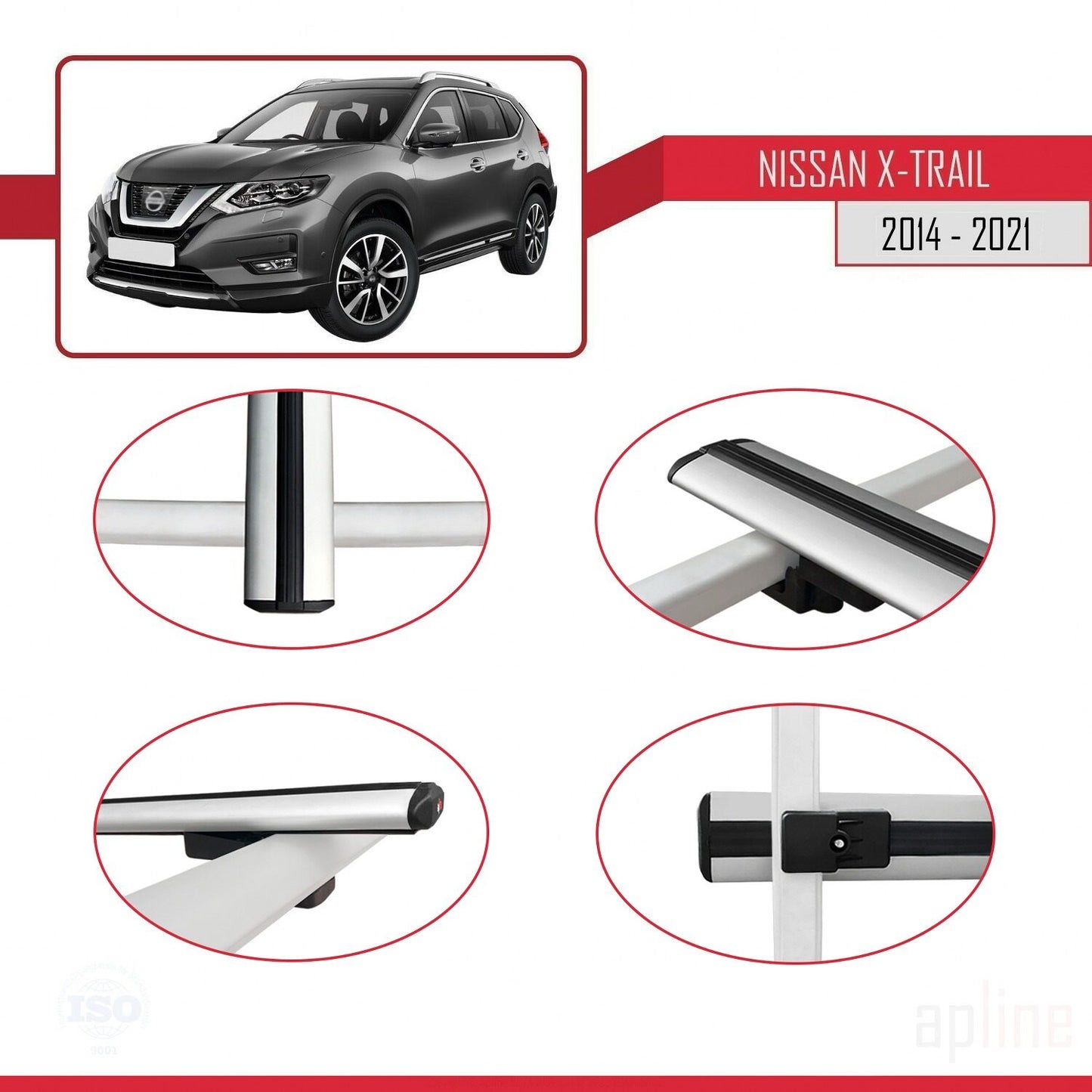 Compatible avec Nissan X-Trail 3 (T32) 2014-2021 BASIC Model Barres de Toit Railing Porte-Bagages de Voiture Gris Aluminium 3 Barres