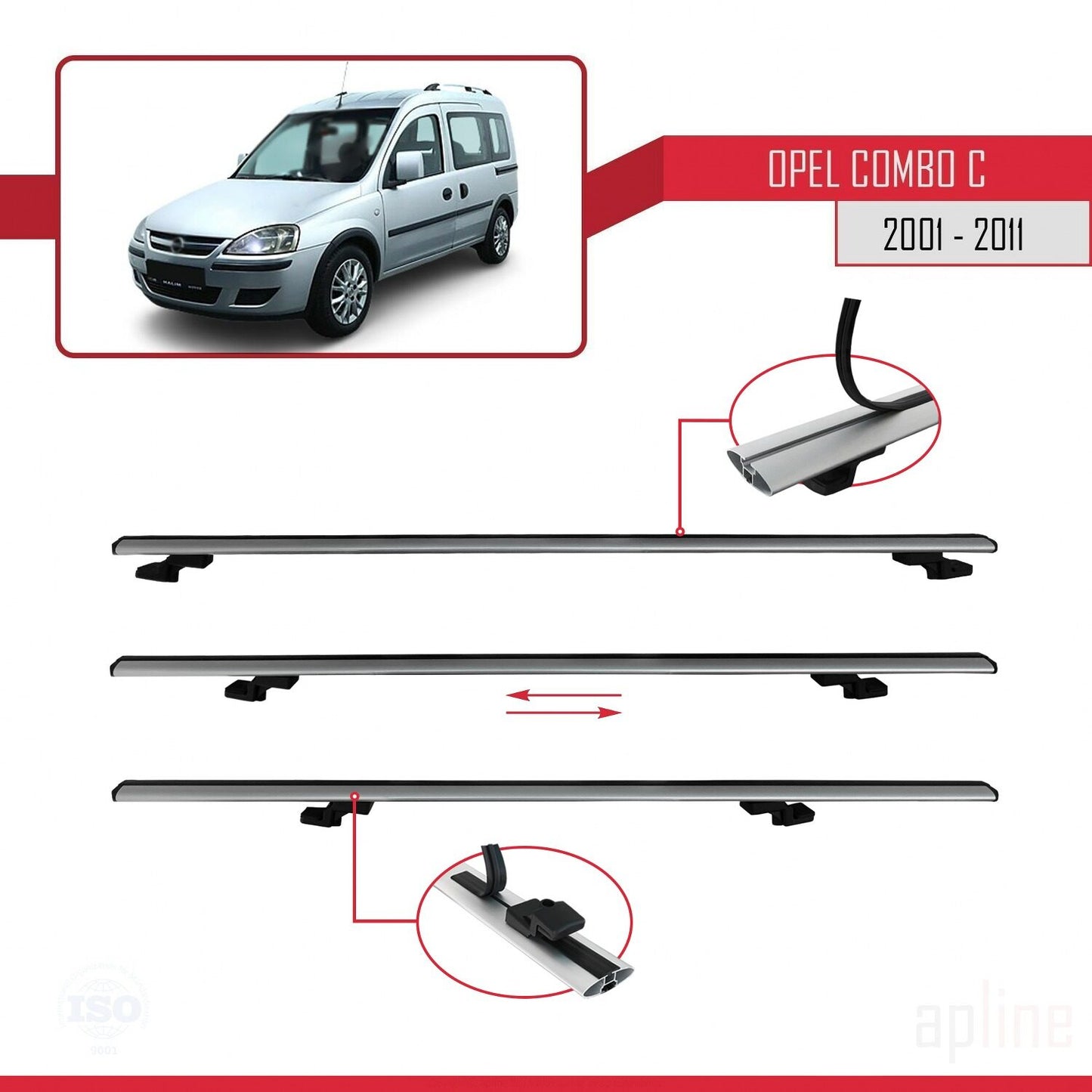Compatible avec Opel Combo C 2001-2011 BASIC Model Barres de Toit Railing Porte-Bagages de Voiture Gris Aluminium 3 Barres