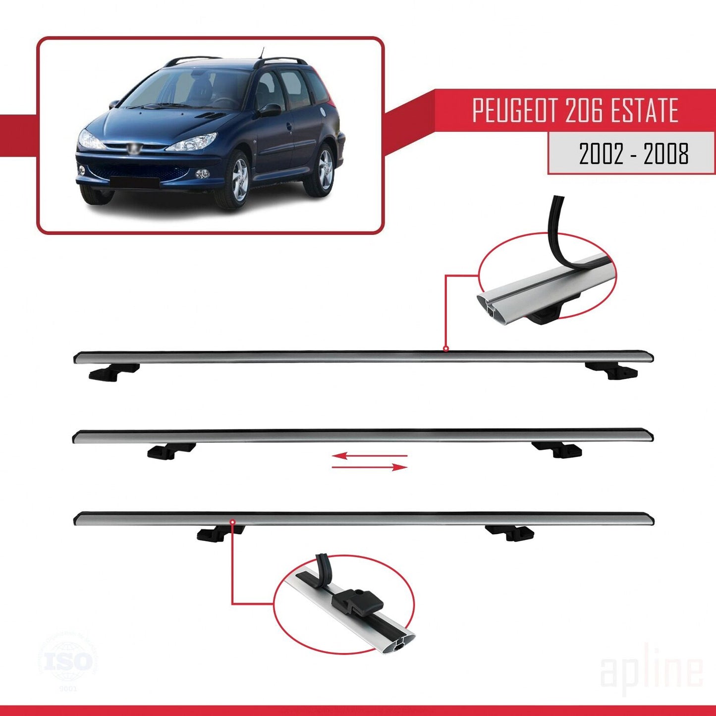 Compatible with Peugeot 206 SW 2002-2008 BASIC Model Car Roof Rack Cross Bar Grey Aluminium 3 Bars