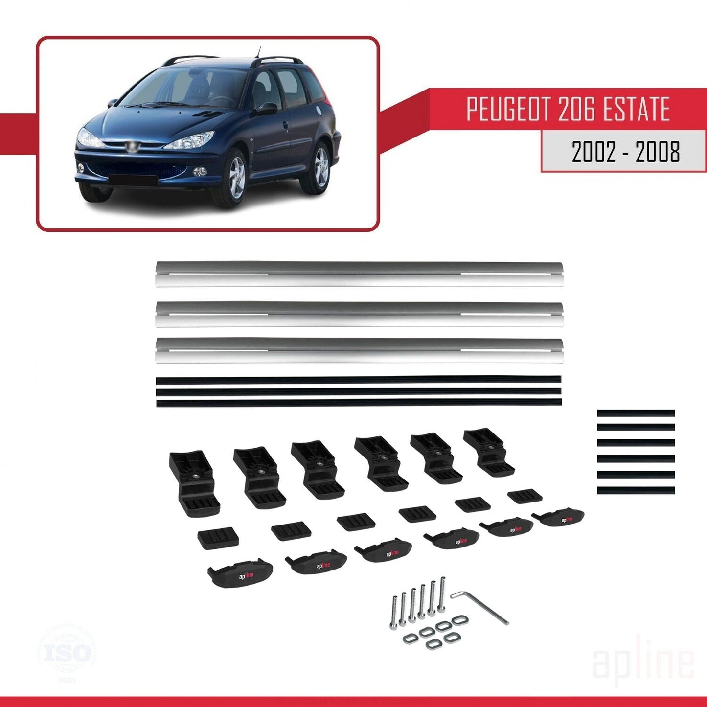 Compatible with Peugeot 206 SW 2002-2008 BASIC Model Car Roof Rack Cross Bar Grey Aluminium 3 Bars