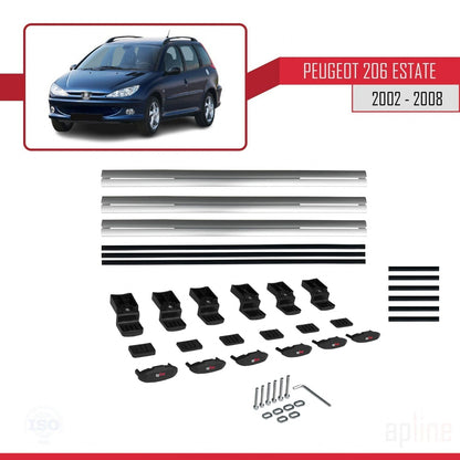Compatible with Peugeot 206 SW 2002-2008 BASIC Model Car Roof Rack Cross Bar Grey Aluminium 3 Bars