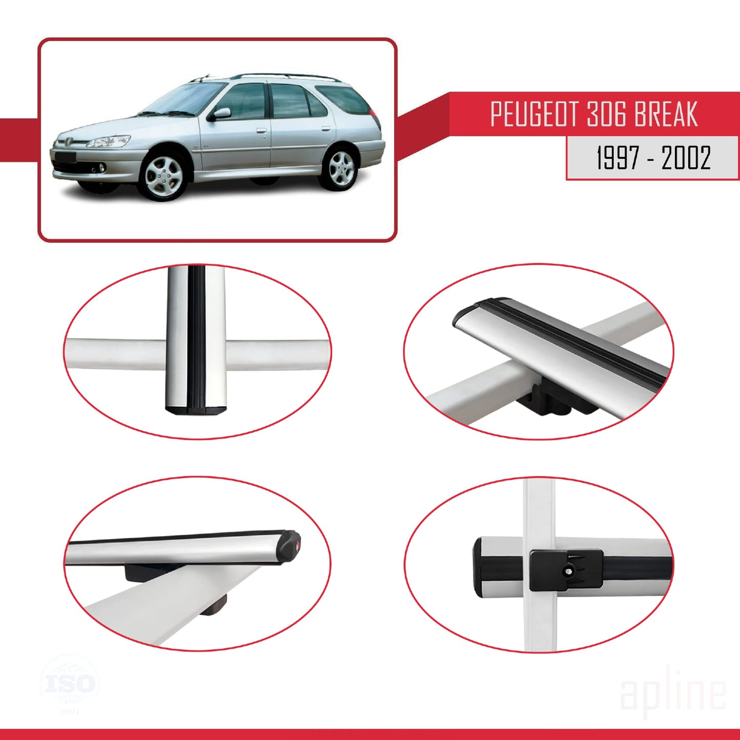 Compatible with Peugeot 306 SW 1997-2002 BASIC Model Car Roof Rack Cross Bar Grey Aluminium 2 Bars