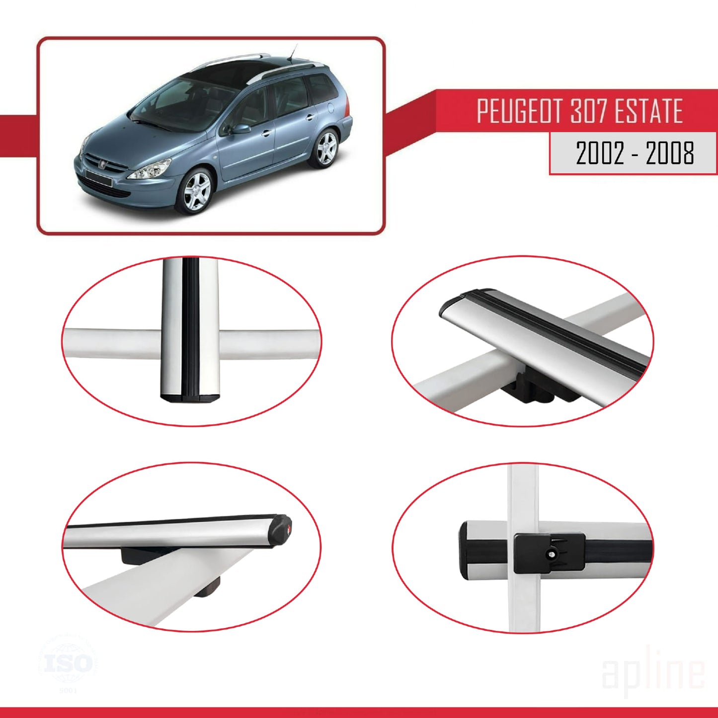 Compatible avec Peugeot 307 Break 2002-2008 BASIC Model Barres de Toit Railing Porte-Bagages de Voiture Gris Aluminium 3 Barres