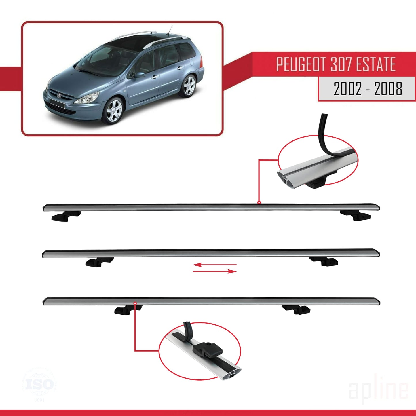Compatible avec Peugeot 307 Break 2002-2008 BASIC Model Barres de Toit Railing Porte-Bagages de Voiture Gris Aluminium 3 Barres
