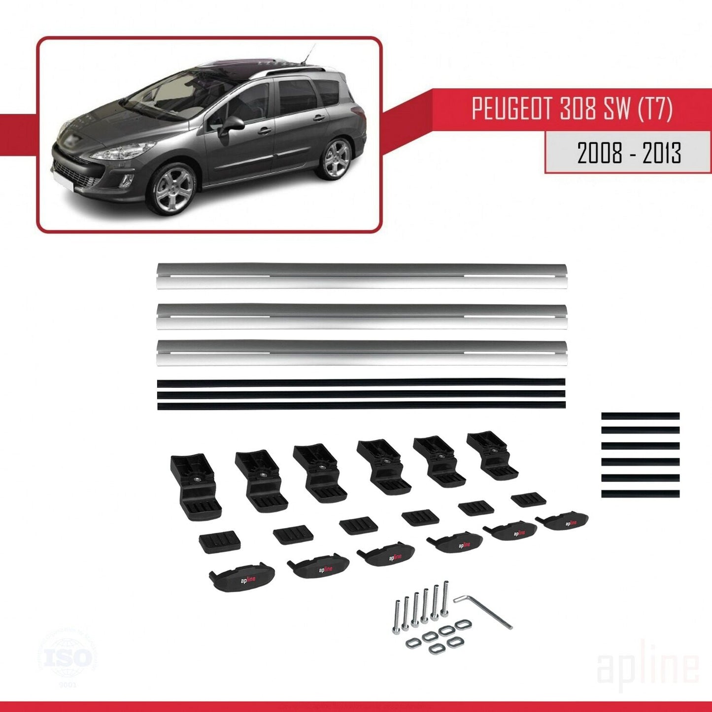 Compatible with Peugeot 308 (T7) SW 2008-2013 BASIC Model Car Roof Rack Cross Bar Grey Aluminium 3 Bars