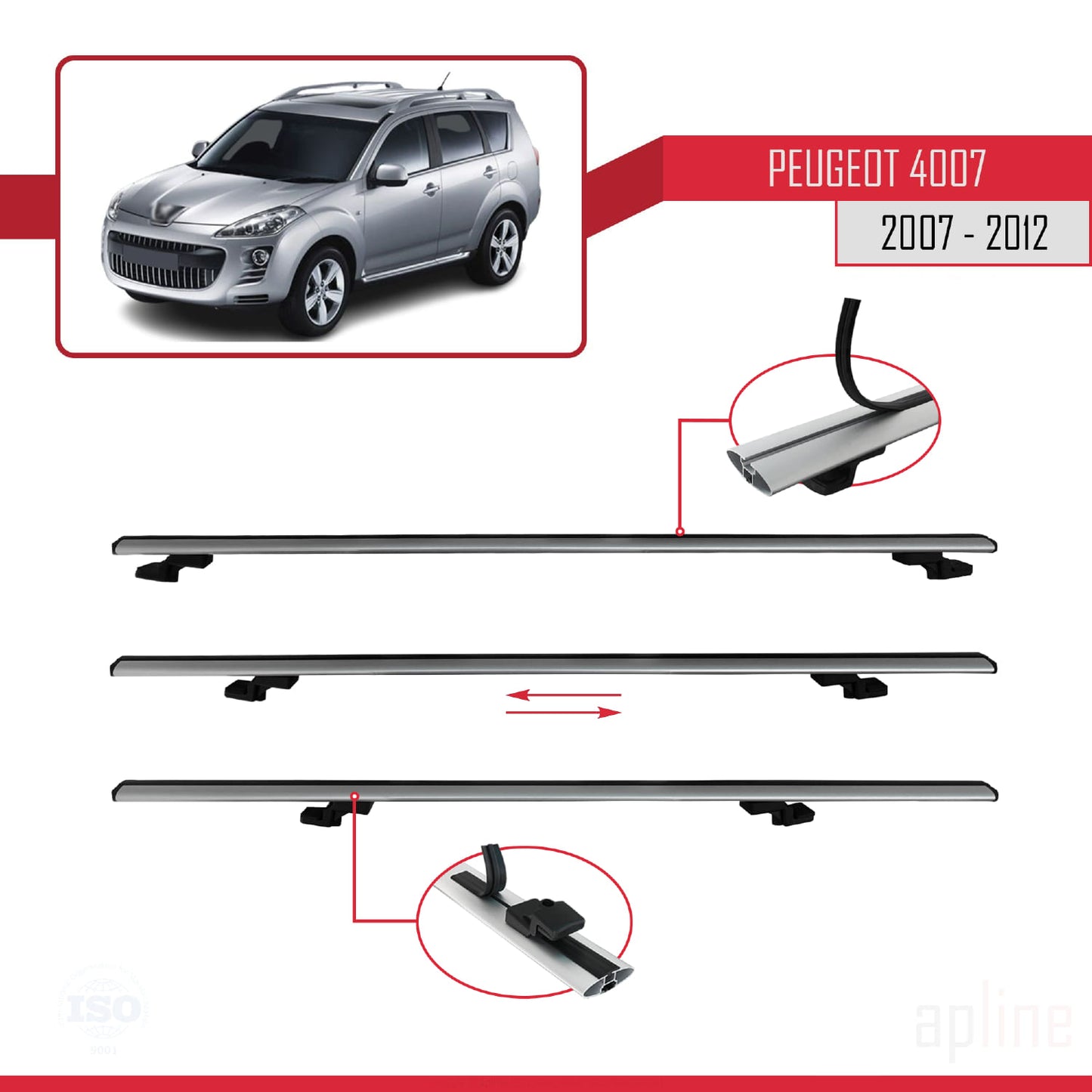 Compatible with Peugeot 4007 2007-2012 BASIC Model Car Roof Rack Cross Bar Grey Aluminium 3 Bars
