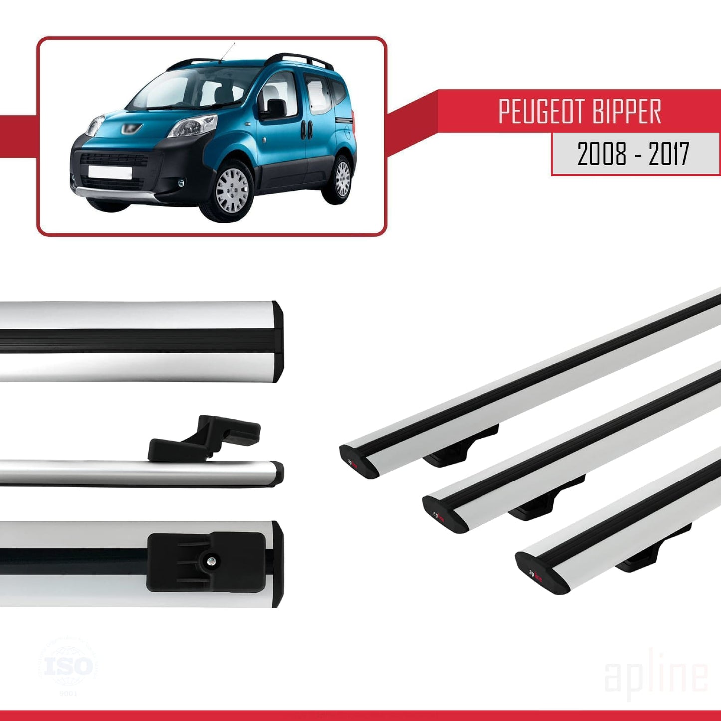 Compatible with Peugeot Bipper 2008-2017 BASIC Model Car Roof Rack Cross Bar Grey Aluminium 3 Bars