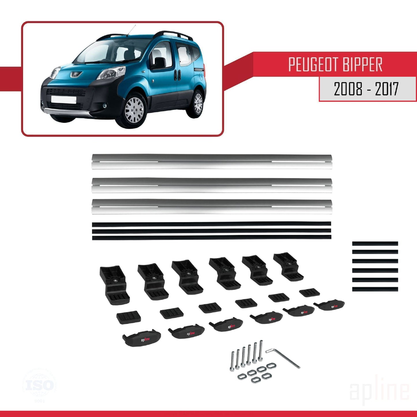 Compatible with Peugeot Bipper 2008-2017 BASIC Model Car Roof Rack Cross Bar Grey Aluminium 3 Bars