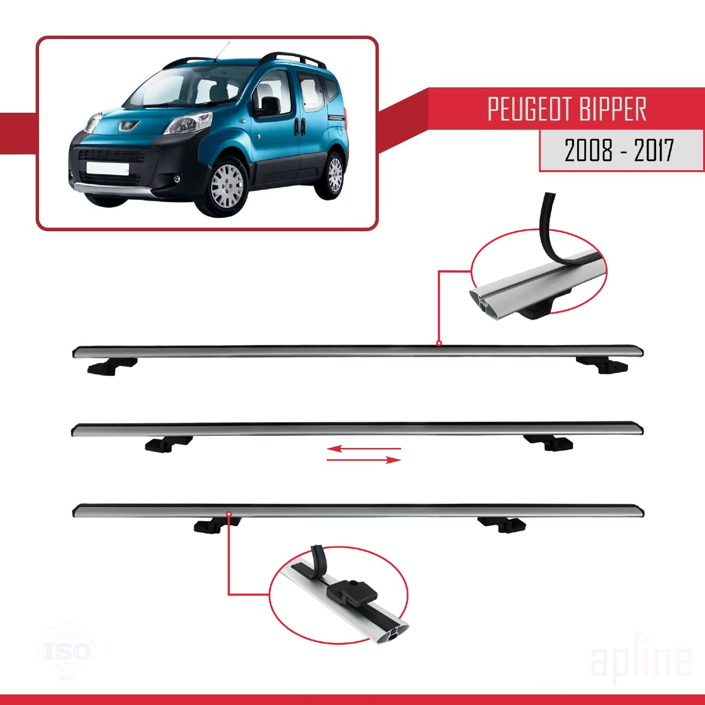 Compatible with Peugeot Bipper 2008-2017 BASIC Model Car Roof Rack Cross Bar Grey Aluminium 2 Bars