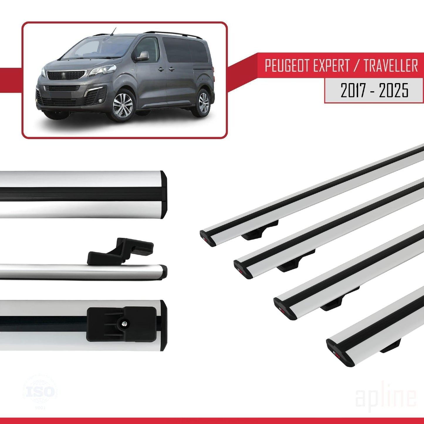 Compatible avec Peugeot Expert 3 Traveller 2017-2025 BASIC Model Barres de Toit Railing Porte-Bagages de Voiture Gris Aluminium 4 Barres