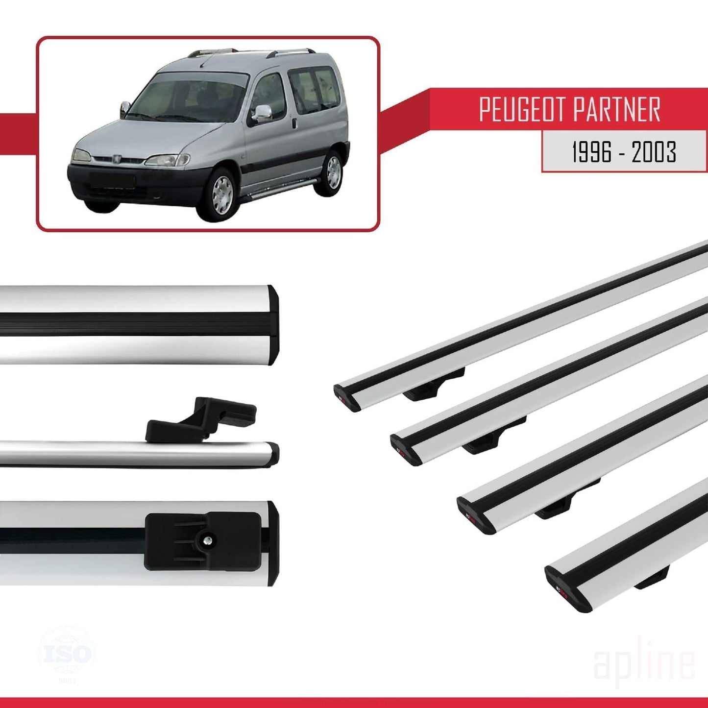 Compatible avec Peugeot Partner Pre-Facelift 1996-2003 BASIC Model Barres de Toit Railing Porte-Bagages de Voiture Gris Aluminium 4 Barres