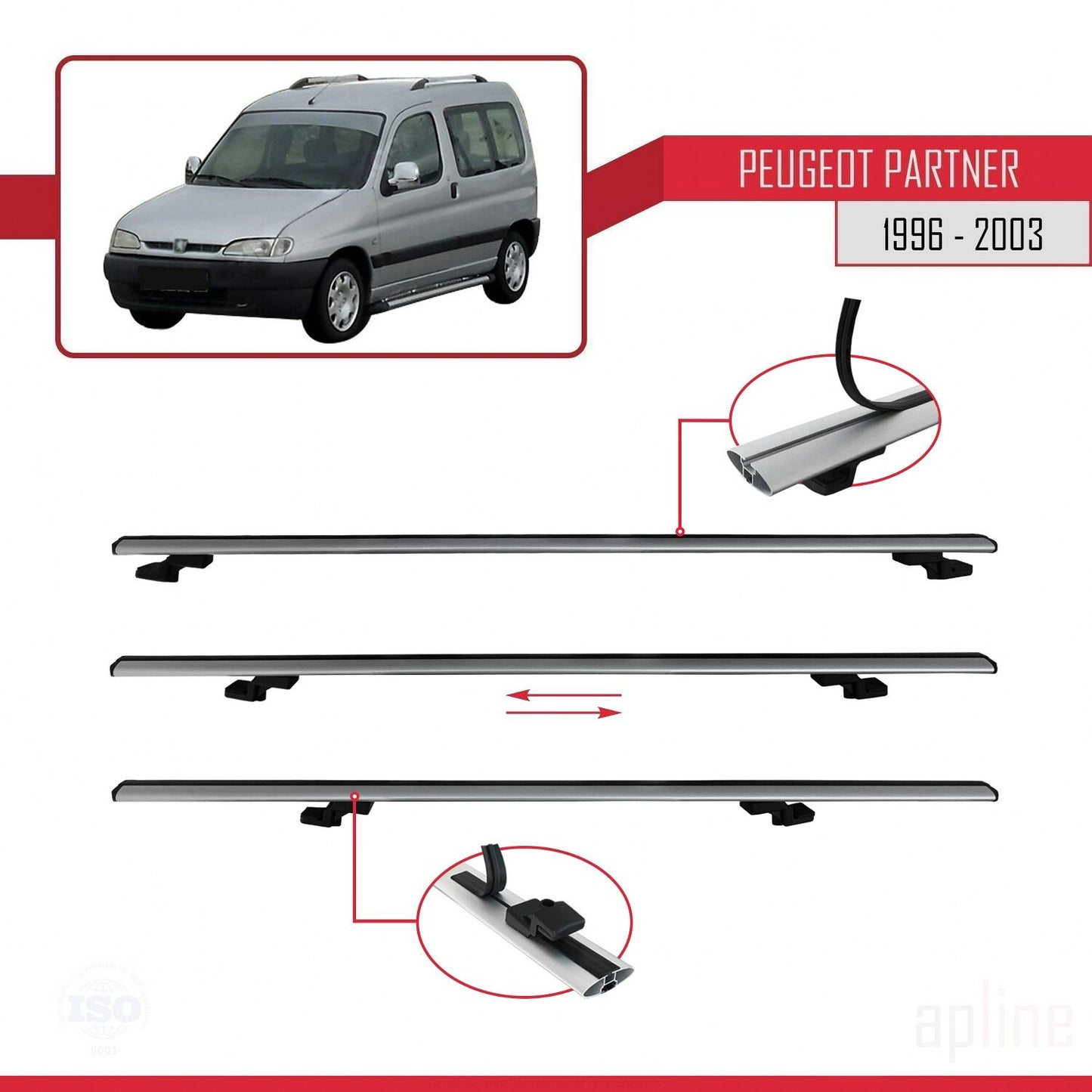 Compatible avec Peugeot Partner Pre-Facelift 1996-2003 BASIC Model Barres de Toit Railing Porte-Bagages de Voiture Gris Aluminium 2 Barres