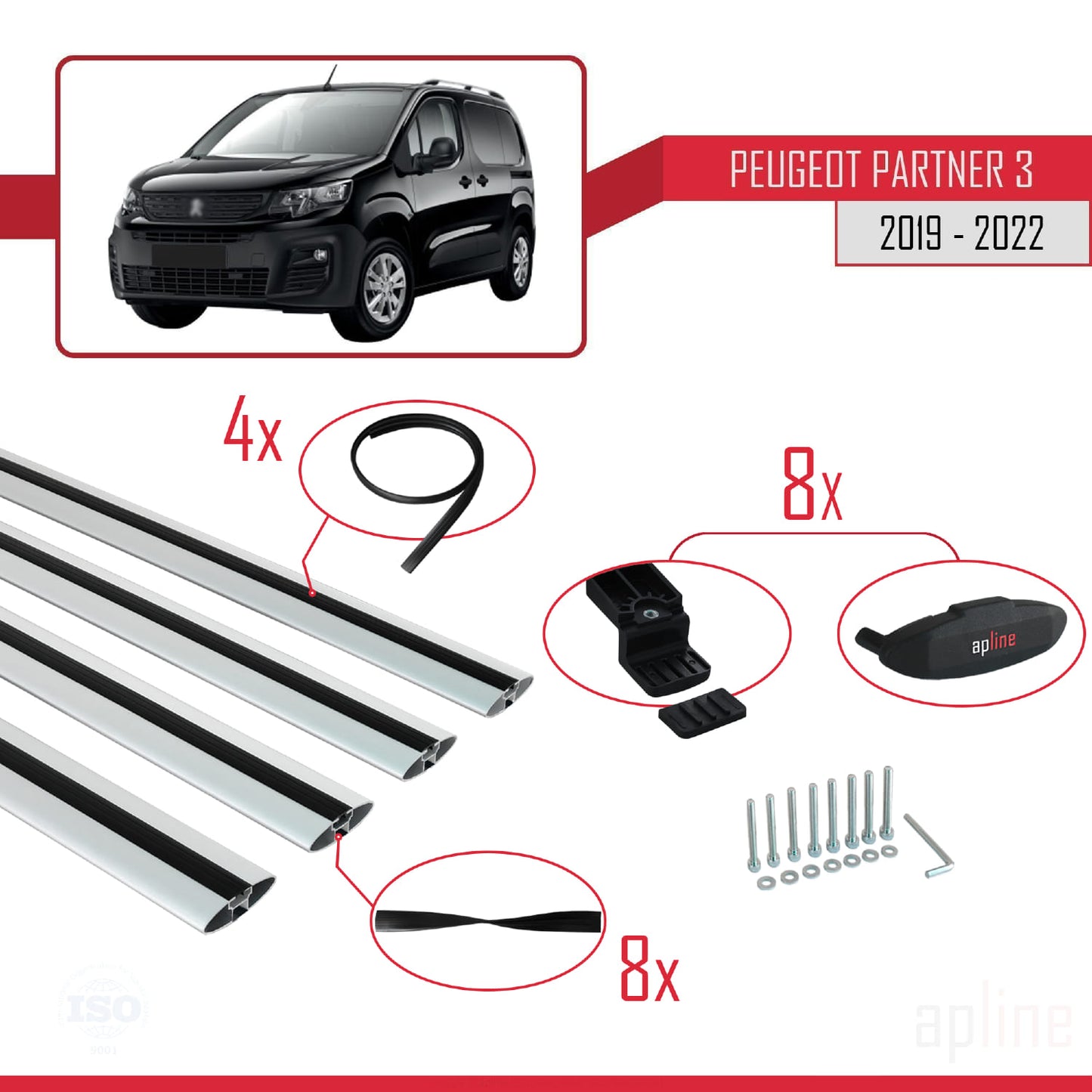 Compatible avec Peugeot Partner 3 2019-2022 BASIC Model Barres de Toit Railing Porte-Bagages de Voiture Gris Aluminium 4 Barres