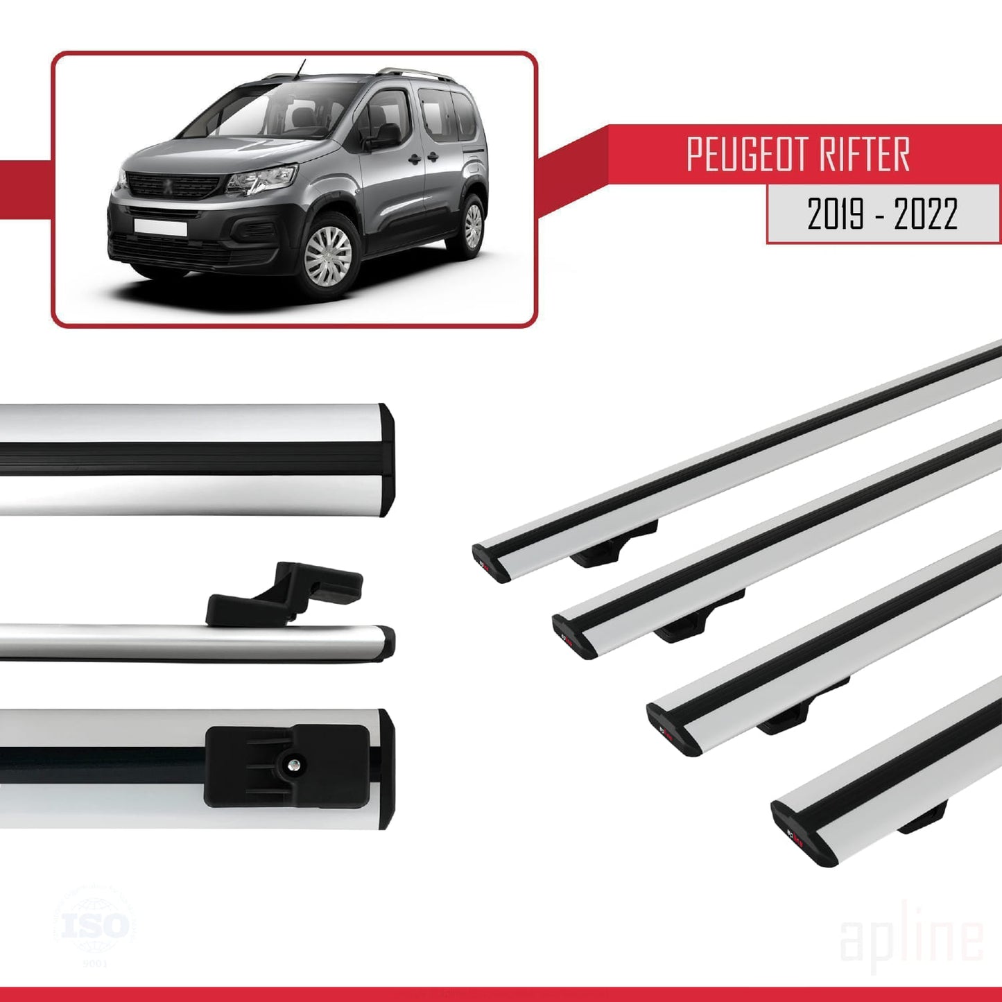 Compatible with Peugeot Rifter 2019-2022 BASIC Model Car Roof Rack Cross Bar Grey Aluminium 4 Bars