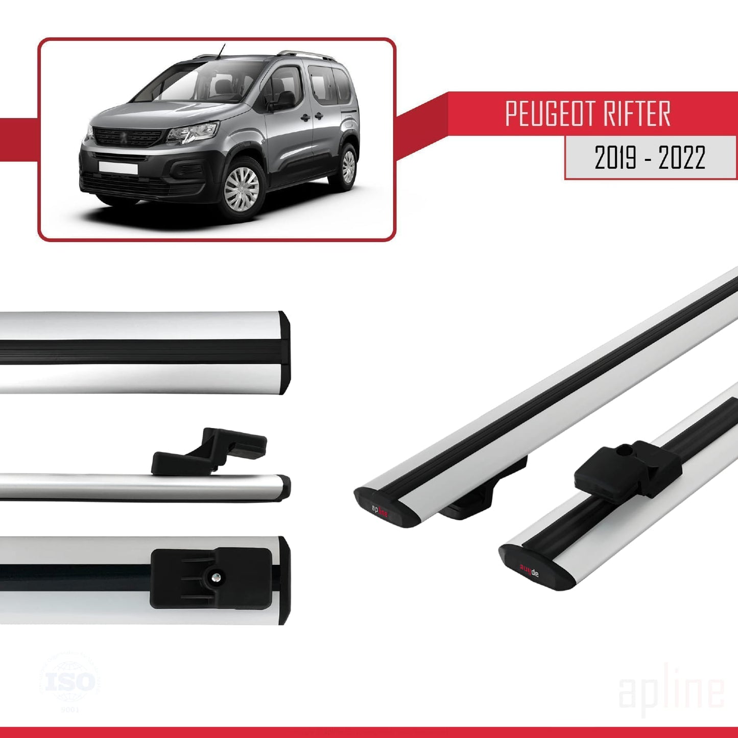 Compatible with Peugeot Rifter 2019-2022 BASIC Model Car Roof Rack Cross Bar Grey Aluminium 2 Bars
