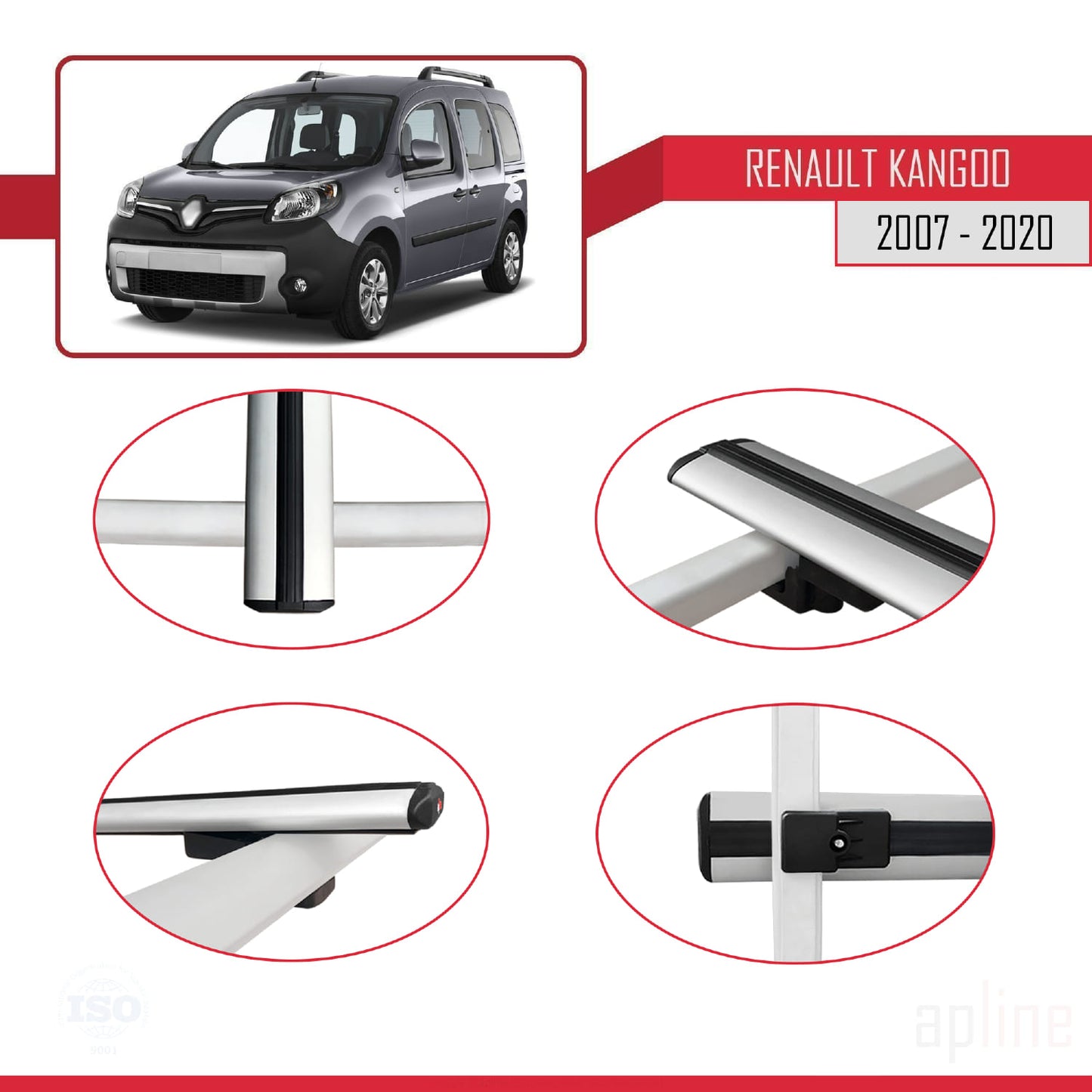 Compatible with Renault Kangoo 2 (X61) 2007-2020 BASIC Model Car Roof Rack Cross Bar Grey Aluminium 2 Bars