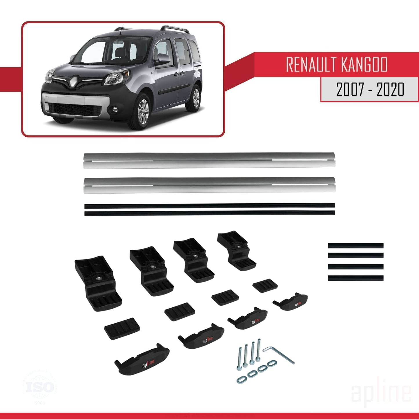 Compatible with Renault Kangoo 2 (X61) 2007-2020 BASIC Model Car Roof Rack Cross Bar Grey Aluminium 2 Bars