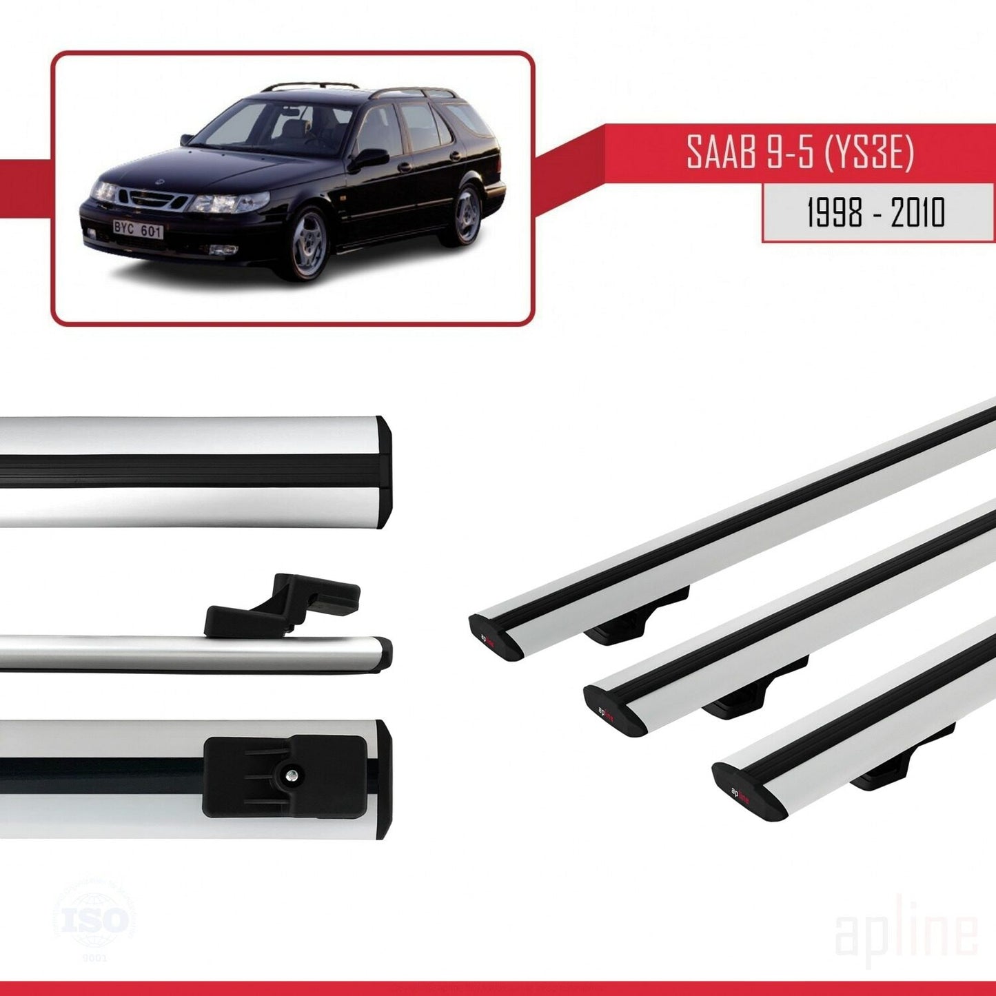 Compatible avec Saab 9-5 (YS3E) Break 1998-2010 BASIC Model Barres de Toit Railing Porte-Bagages de Voiture Gris Aluminium 3 Barres