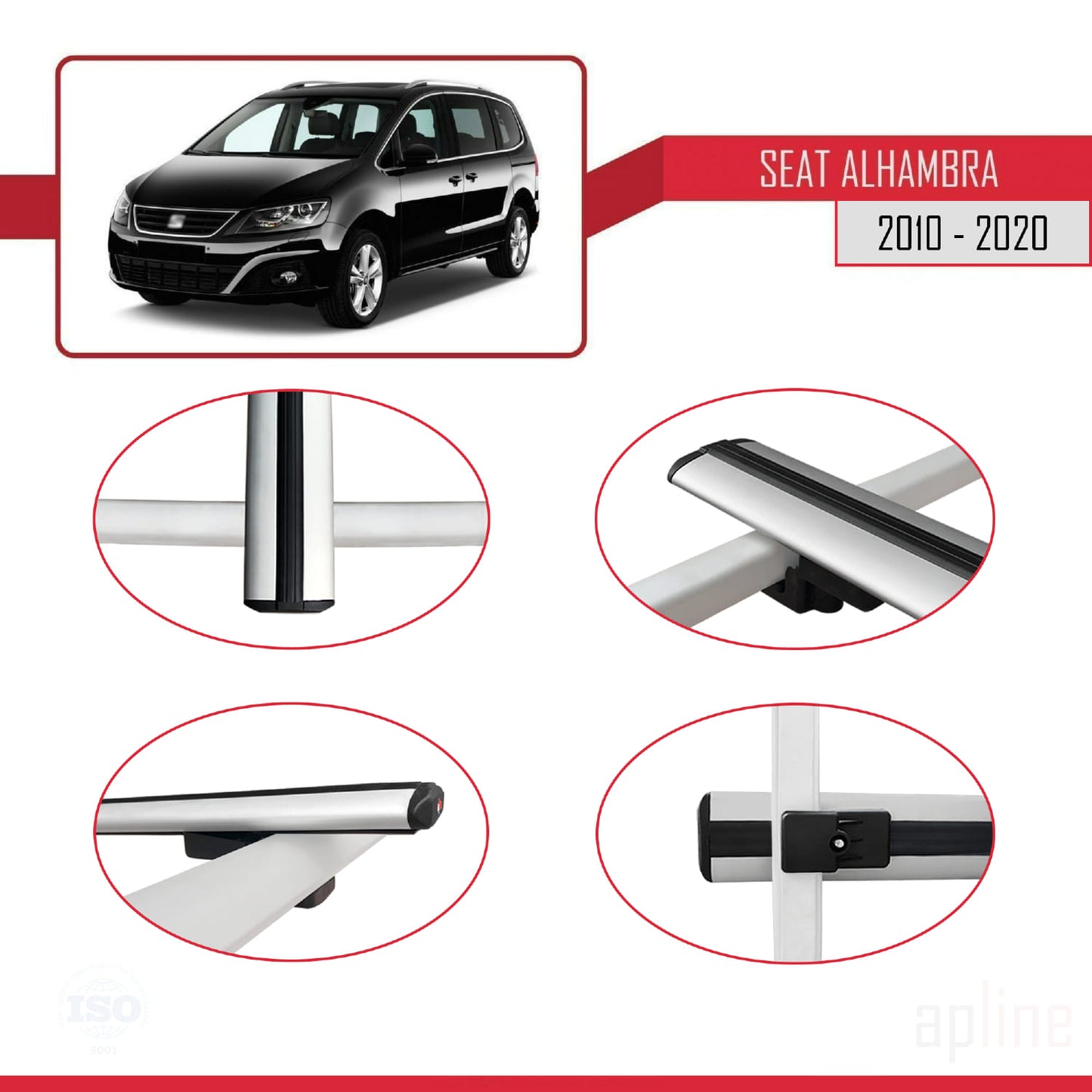 Compatible with Seat Alhambra 2 (7N) 2010-2020 BASIC Model Car Roof Rack Cross Bar Grey Aluminium 3 Bars