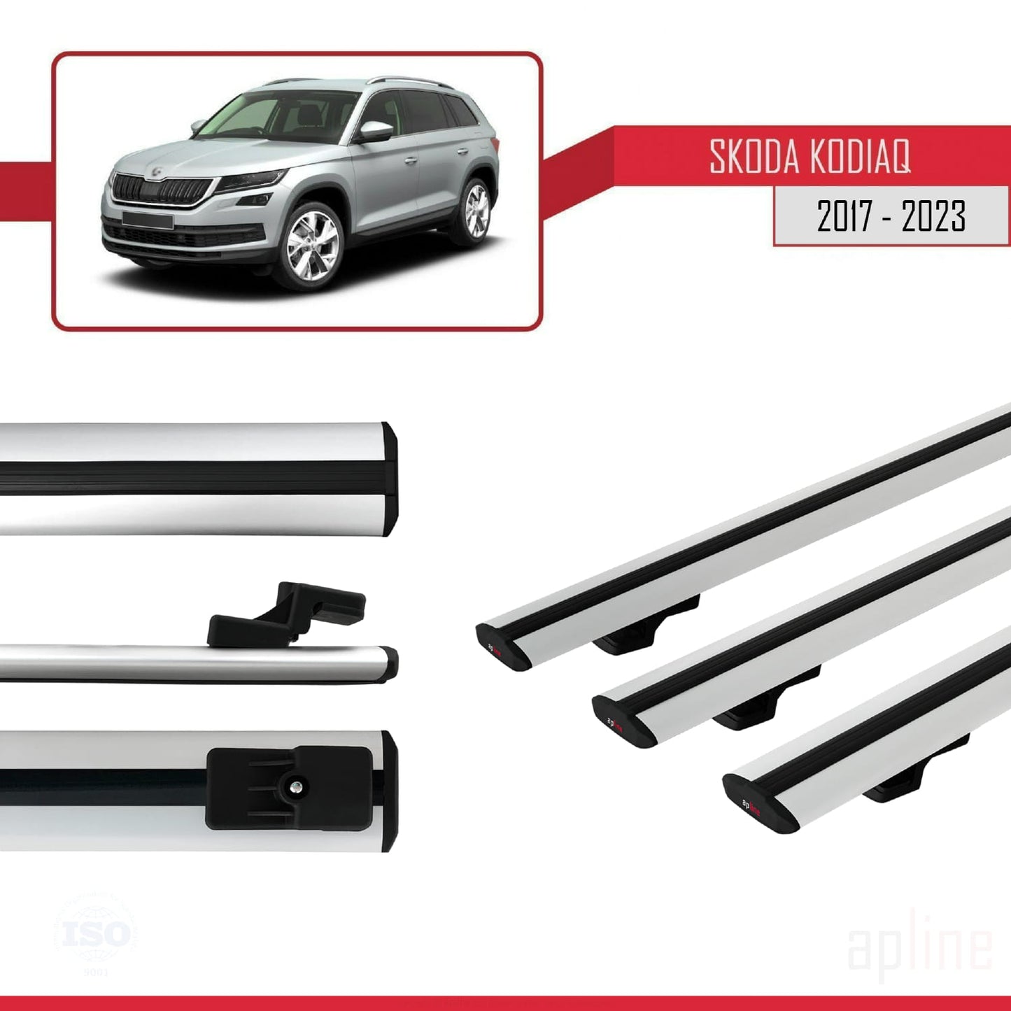 Compatible with Skoda Kodiaq 2017-2023 BASIC Model Car Roof Rack Cross Bar Grey Aluminium 3 Bars