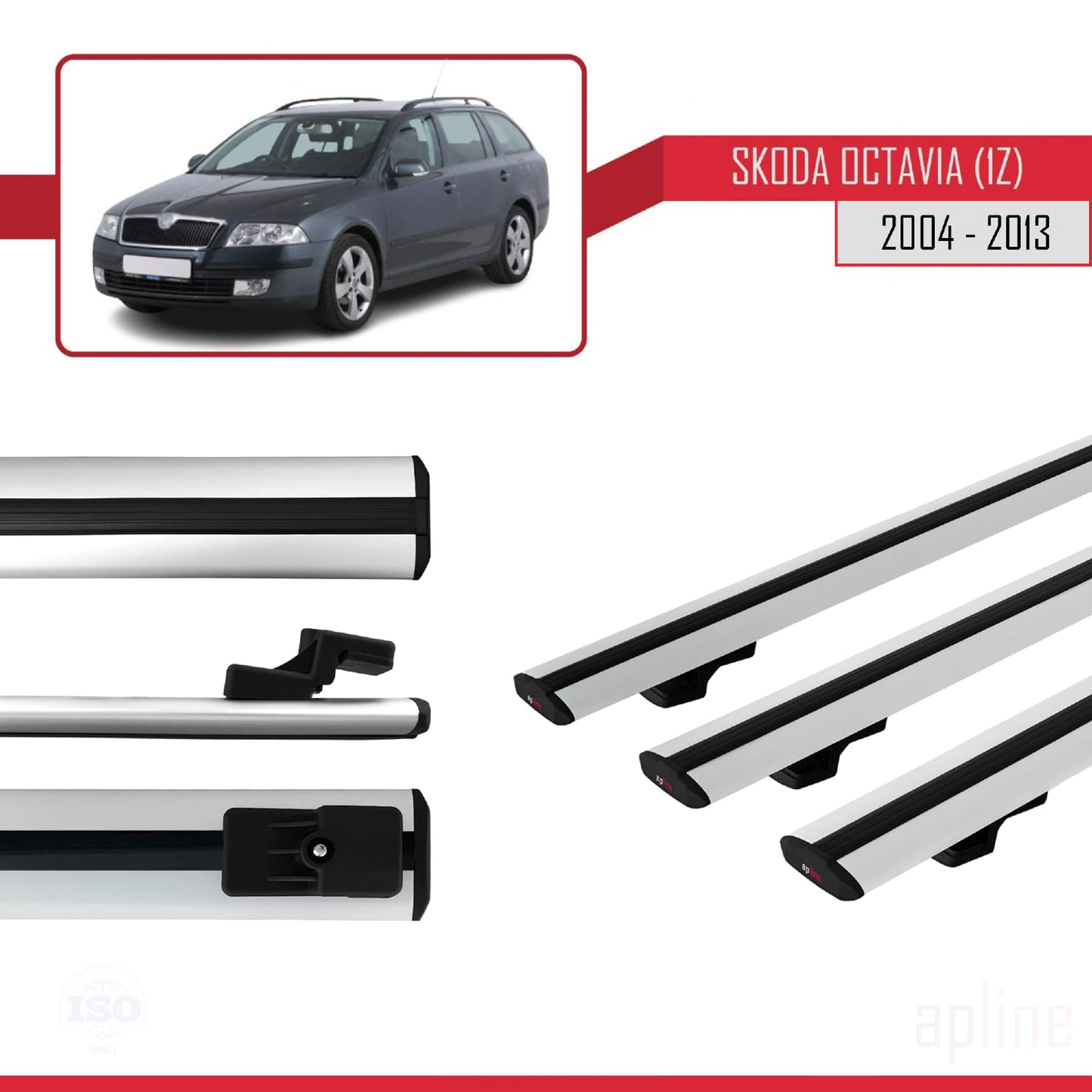 Compatible with Skoda Octavia 2 (1Z) 2004-2013 BASIC Model Car Roof Rack Cross Bar Grey Aluminium 3 Bars