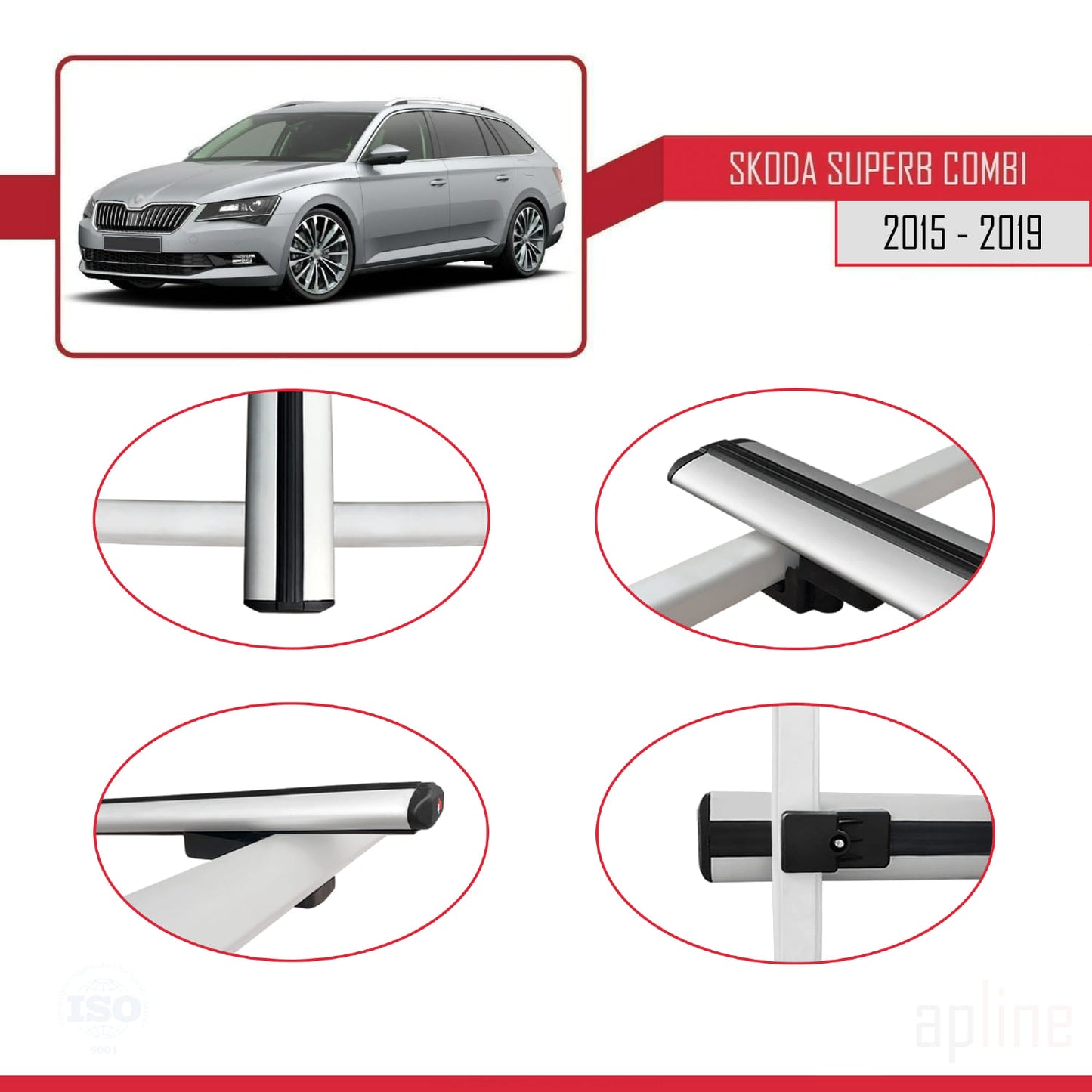 Compatible with Skoda Superb 3 (3V) SW Pre-Facelift 2015-2019 BASIC Model Car Roof Rack Cross Bar Grey Aluminium 3 Bars