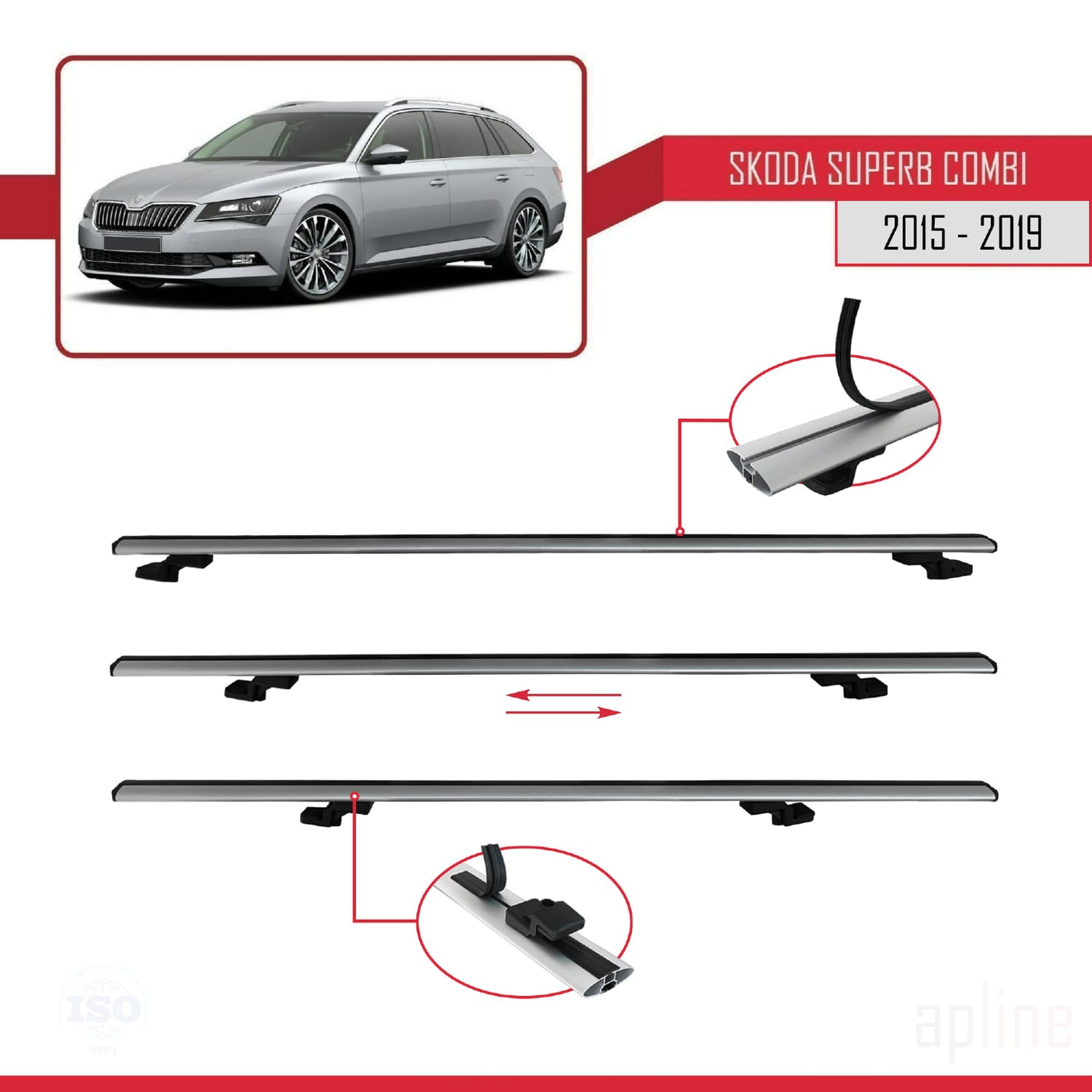 Compatible with Skoda Superb 3 (3V) SW Pre-Facelift 2015-2019 BASIC Model Car Roof Rack Cross Bar Grey Aluminium 3 Bars