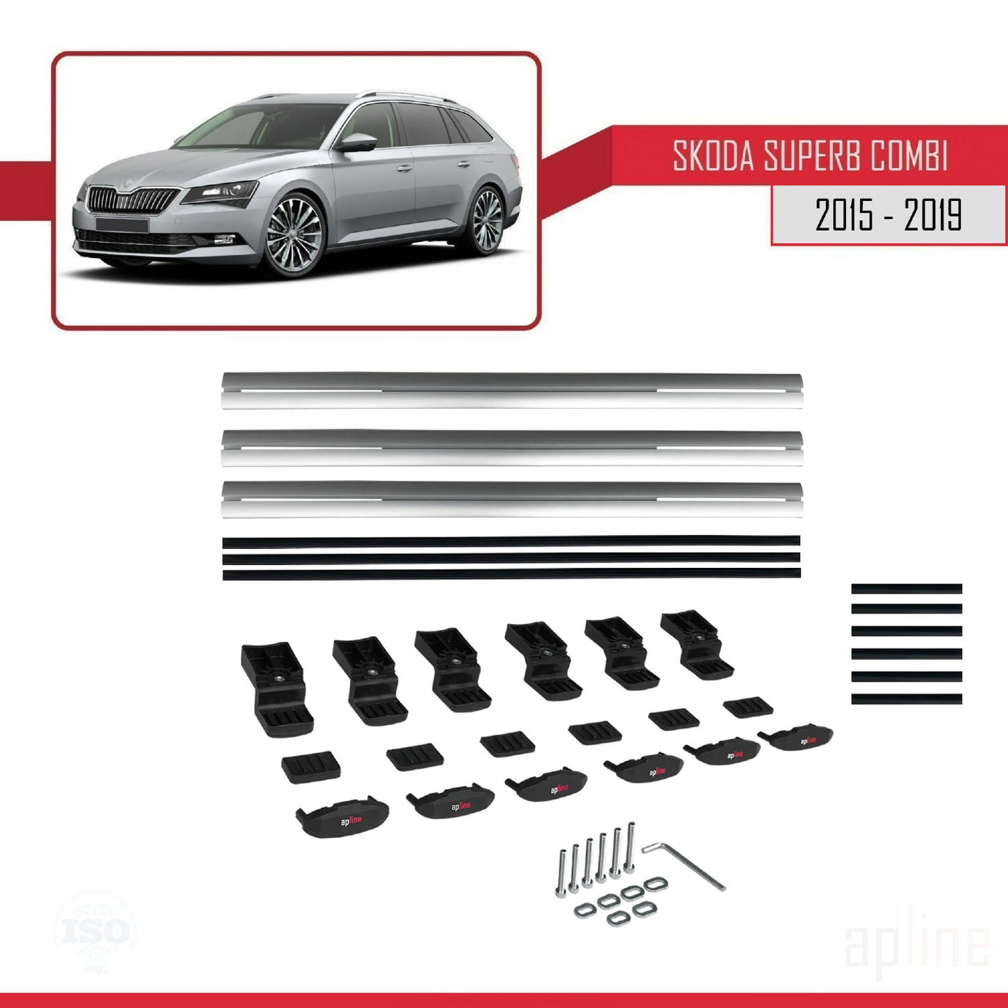 Compatible with Skoda Superb 3 (3V) SW Pre-Facelift 2015-2019 BASIC Model Car Roof Rack Cross Bar Grey Aluminium 3 Bars