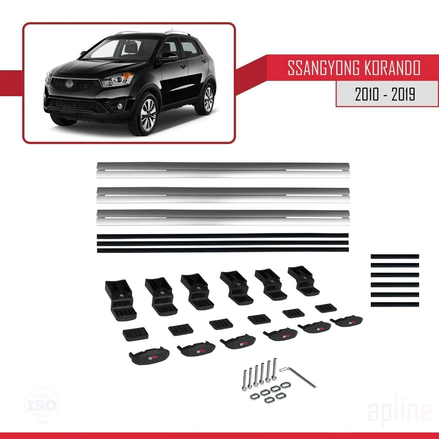 Compatible with Ssangyong Korando 3 (C200) 2010-2019 BASIC Model Car Roof Rack Cross Bar Grey Aluminium 3 Bars