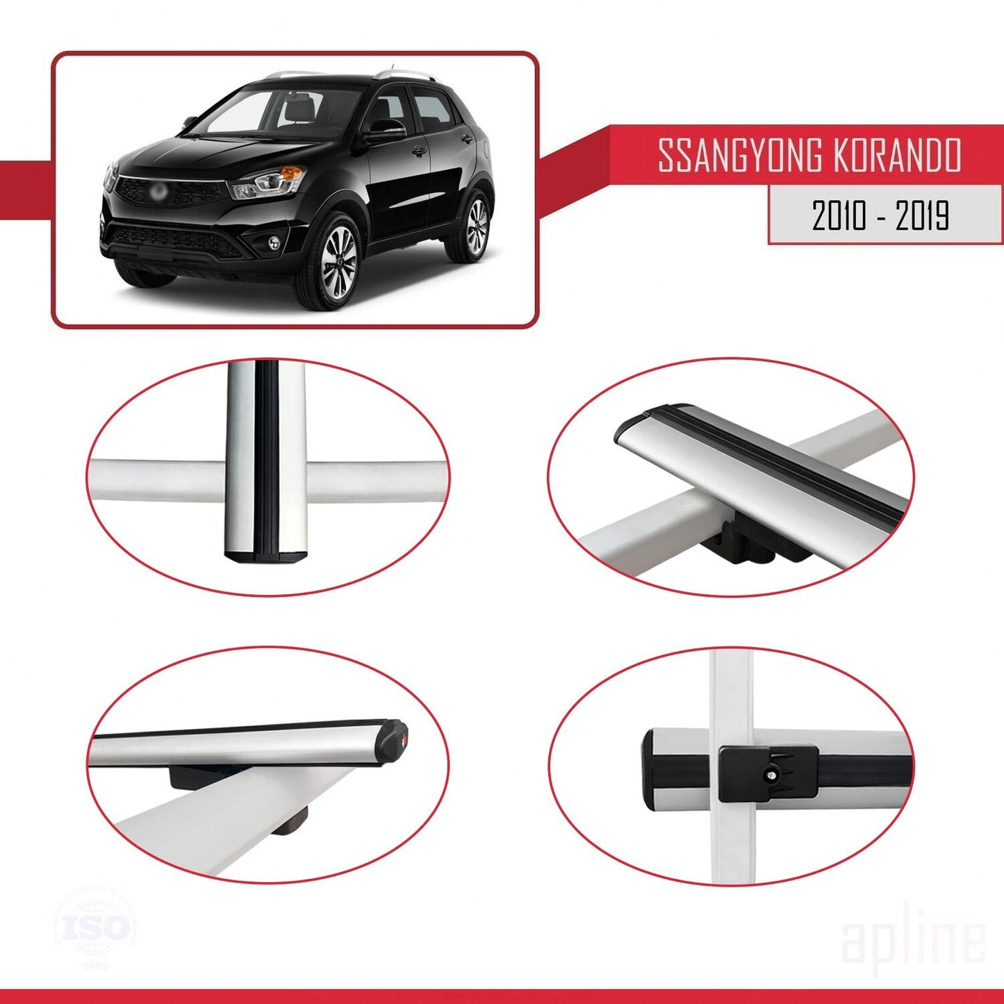 Compatible with Ssangyong Korando 3 (C200) 2010-2019 BASIC Model Car Roof Rack Cross Bar Grey Aluminium 2 Bars