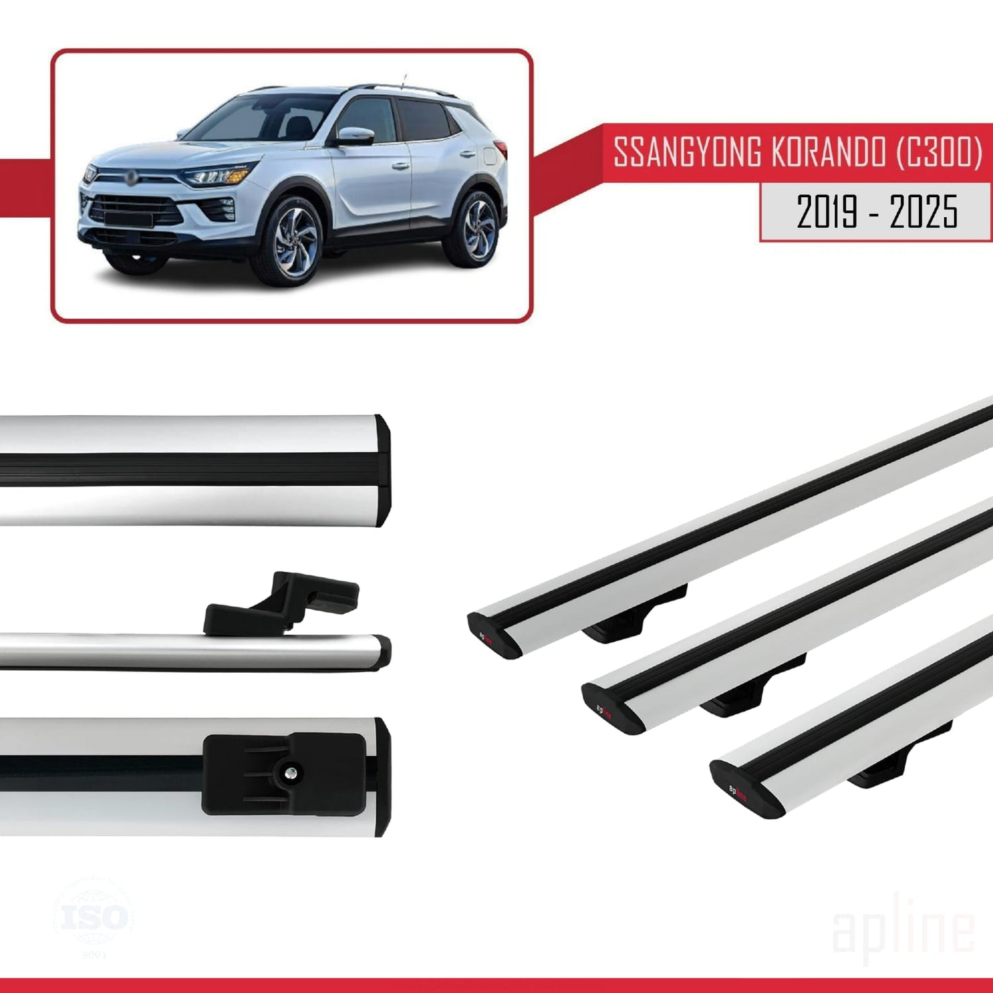 Compatible avec Ssangyong Korando 4 (C300) 2019-2025 BASIC Model Barres de Toit Railing Porte-Bagages de Voiture Gris Aluminium 3 Barres