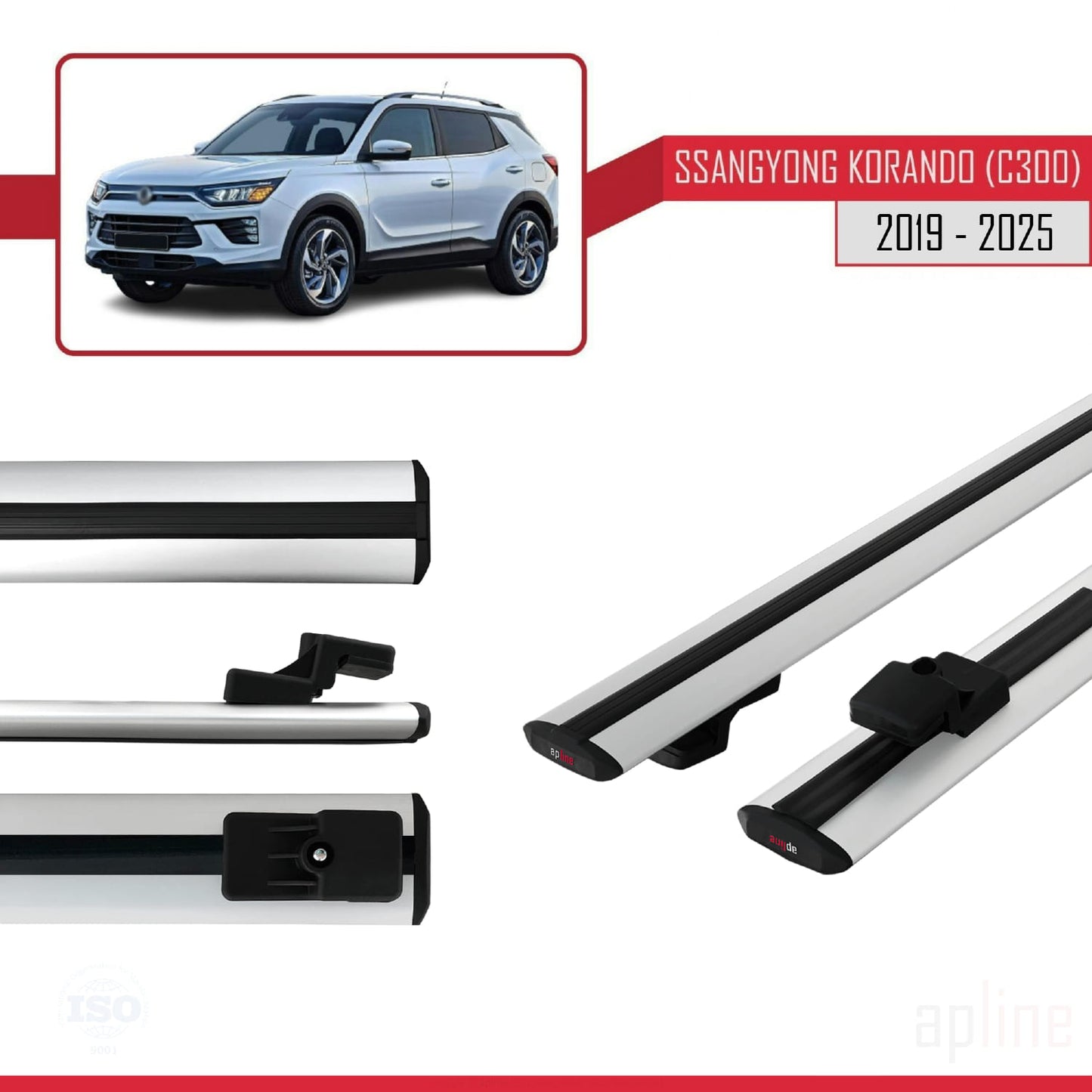 Compatible avec Ssangyong Korando 4 (C300) 2019-2025 BASIC Model Barres de Toit Railing Porte-Bagages de Voiture Gris Aluminium 2 Barres