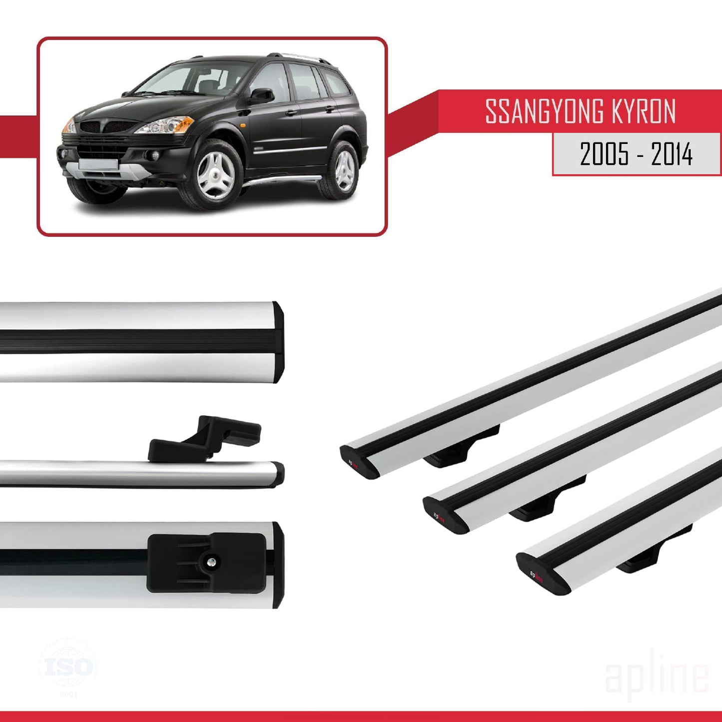 BASIC Model Dakdrager bagagedrager compatibel met Ssangyong Kyron 2005-2014 Spoorstaven Grijs Aluminium 3 Staven