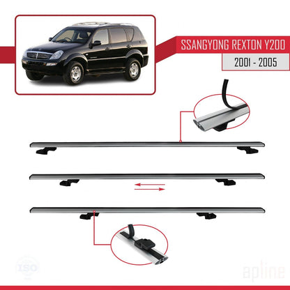 Compatible with Ssangyong Rexton (Y200) 2001-2005 BASIC Model Car Roof Rack Cross Bar Grey Aluminium 3 Bars