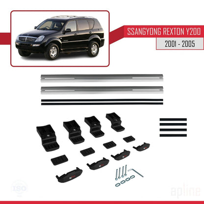 Compatible with Ssangyong Rexton (Y200) 2001-2005 BASIC Model Car Roof Rack Cross Bar Grey Aluminium 2 Bars