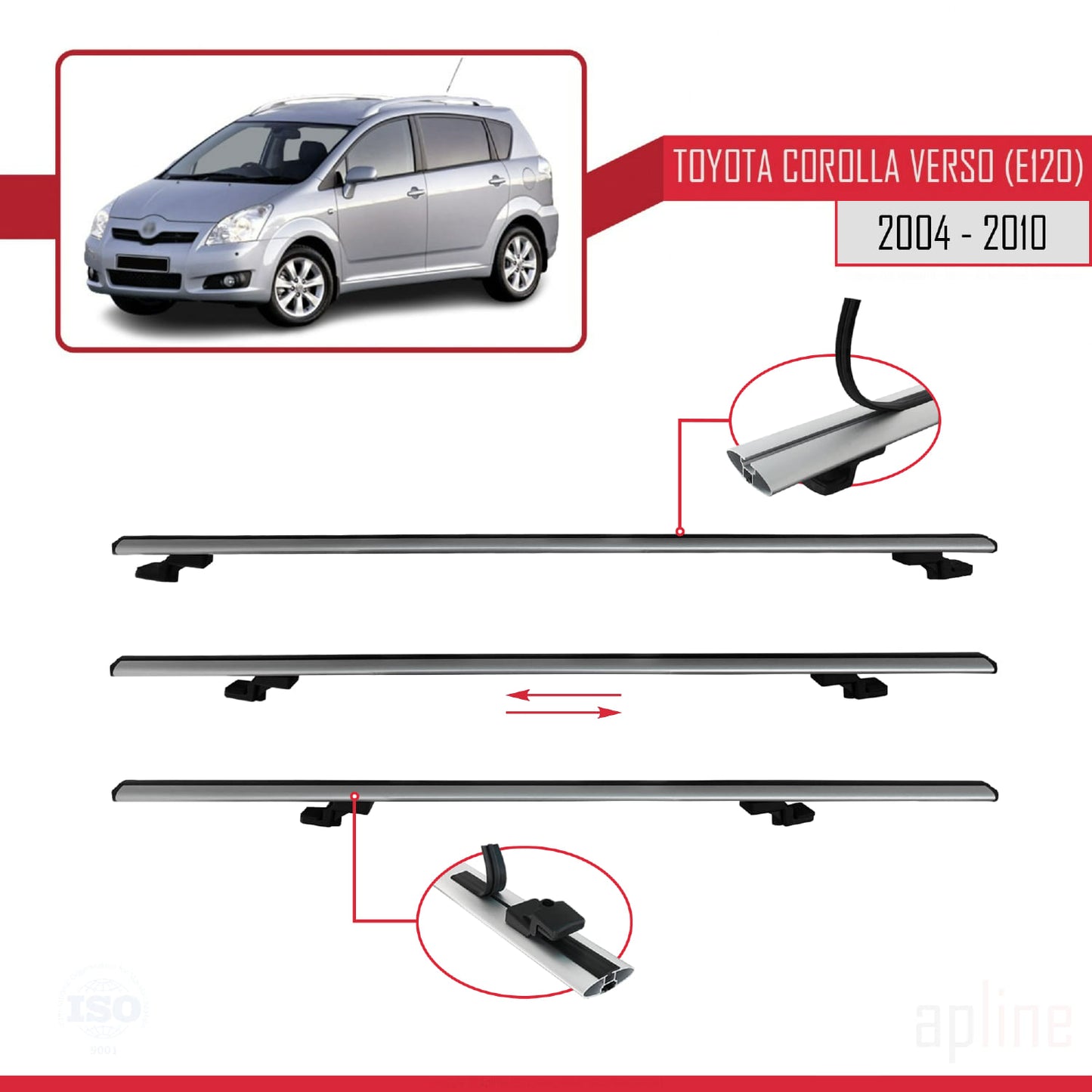 Compatible avec Toyota Corolla Verso 2 (AR10) 2004-2010 BASIC Model Barres de Toit Railing Porte-Bagages de Voiture Gris Aluminium 3 Barres