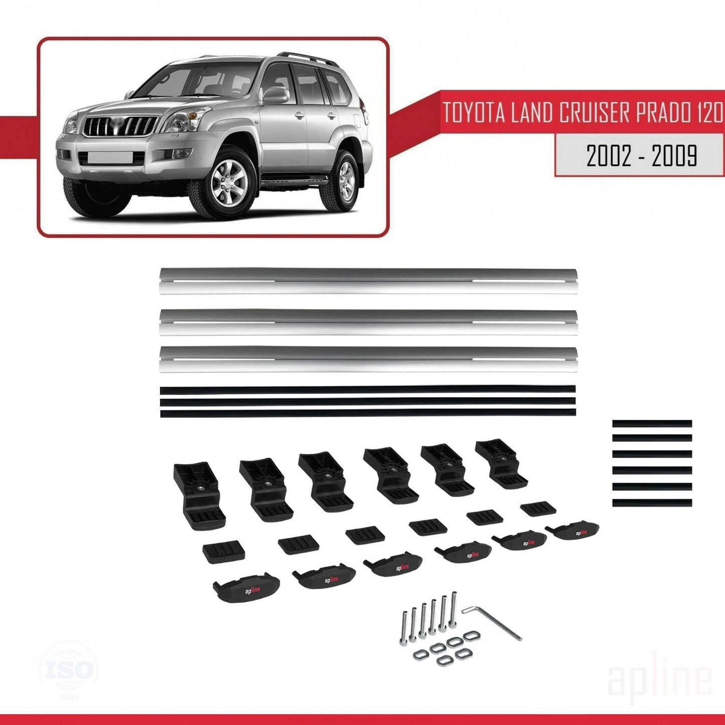 Compatible avec Toyota Land Cruiser Prado (J120) 2002-2006 BASIC Model Barres de Toit Railing Porte-Bagages de Voiture Gris Aluminium 3 Barres