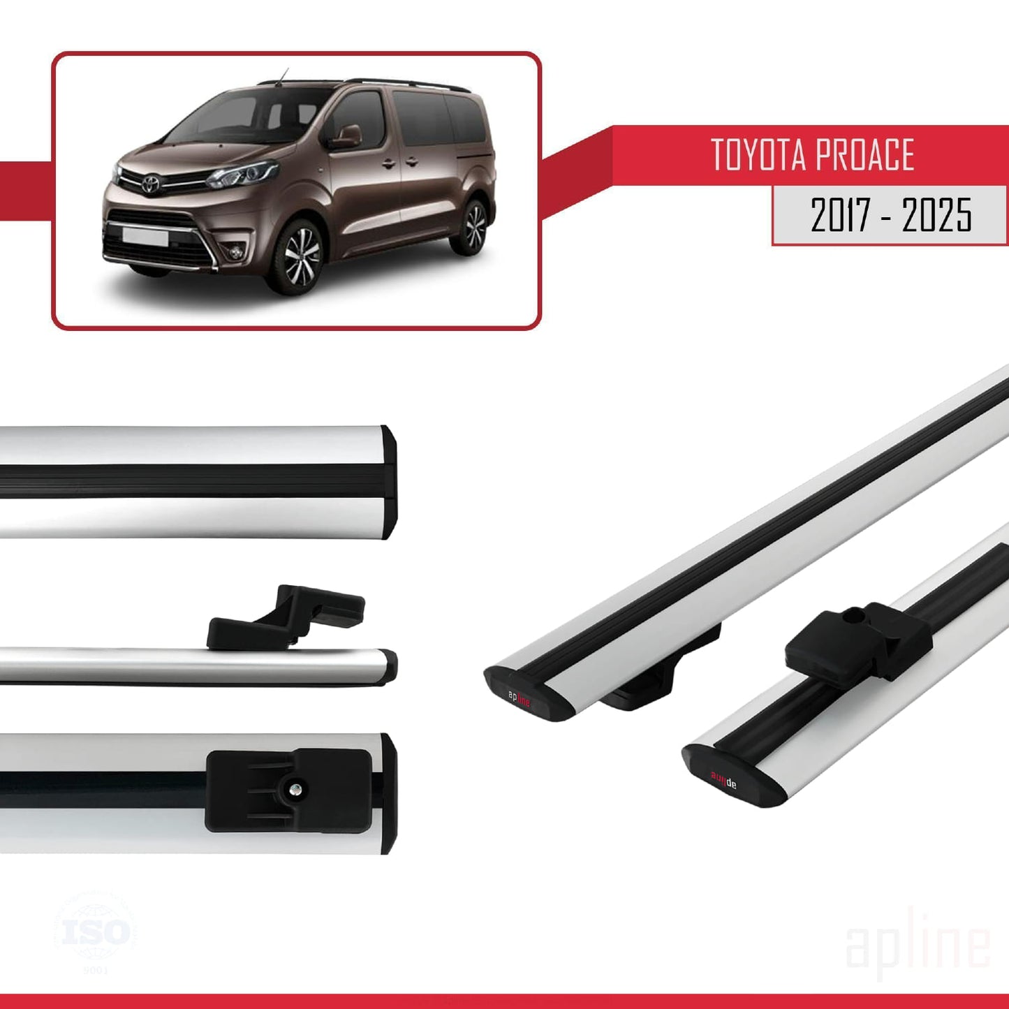 Compatible avec Toyota Proace 2017-2025 BASIC Model Barres de Toit Railing Porte-Bagages de Voiture Gris Aluminium 2 Barres