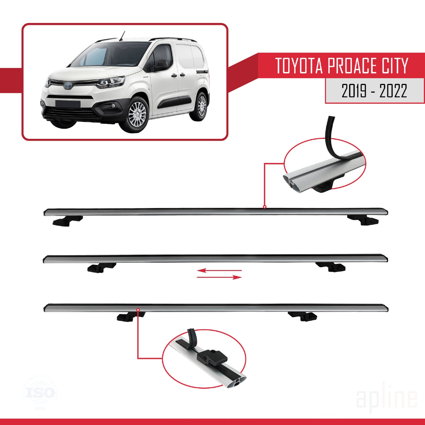 Compatible avec Toyota Proace City 2019-2022 BASIC Model Barres de Toit Railing Porte-Bagages de Voiture Gris Aluminium 3 Barres