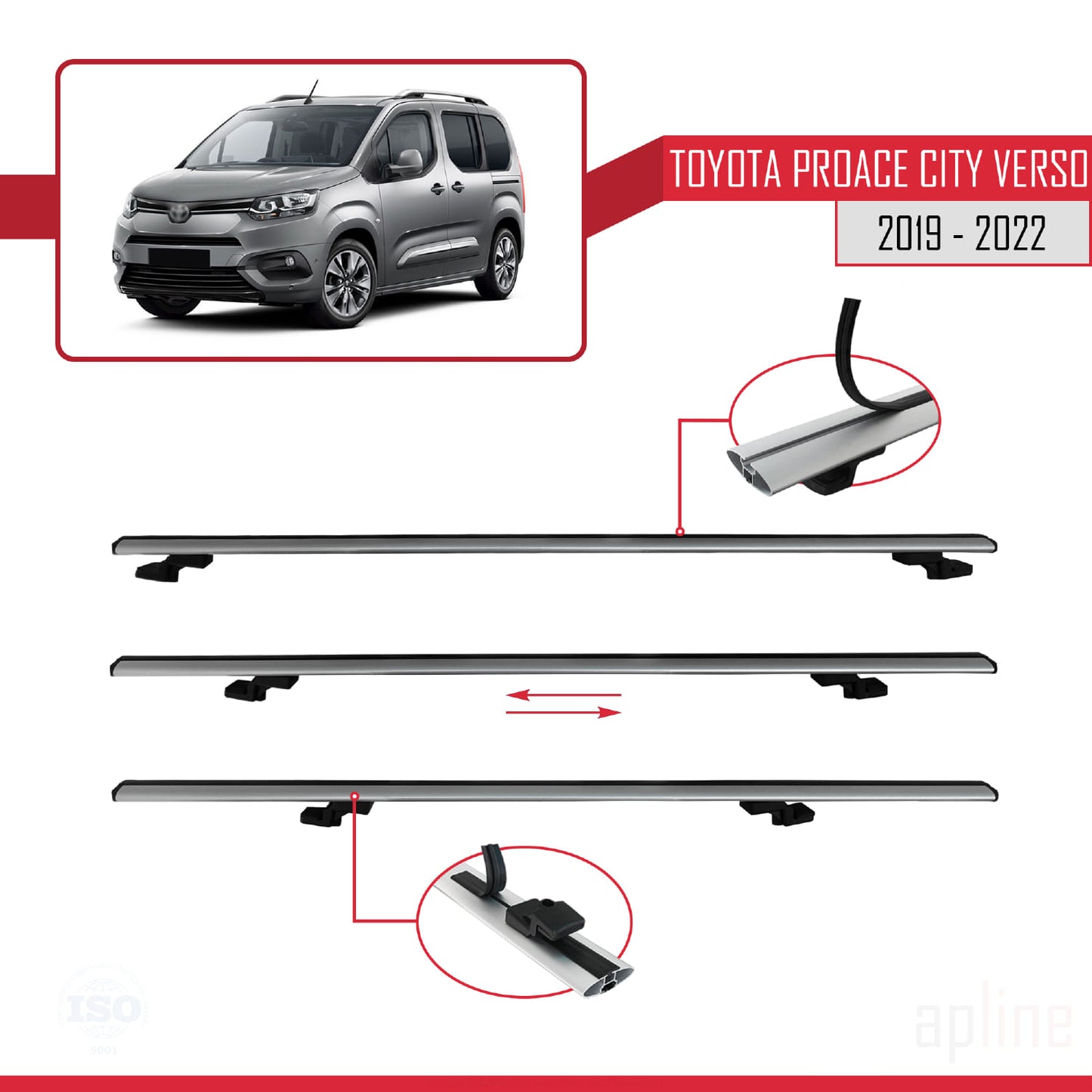 Compatible avec Toyota Proace City Verso 2019-2022 BASIC Model Barres de Toit Railing Porte-Bagages de Voiture Gris Aluminium 2 Barres