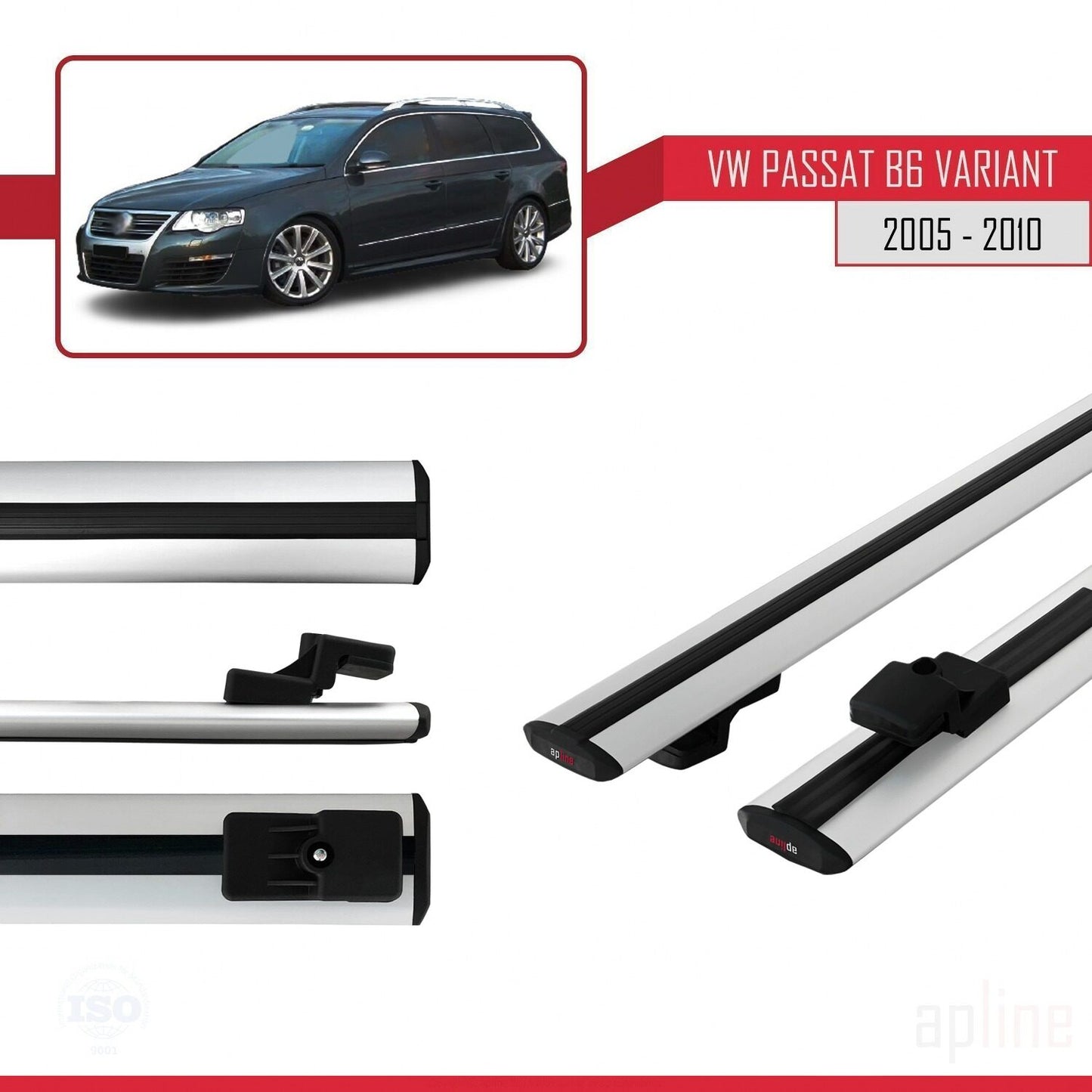 Compatible avec Volkswagen Passat B6 (3C) Variant 2005-2010 BASIC Model Barres de Toit Railing Porte-Bagages de Voiture Gris Aluminium 2 Barres