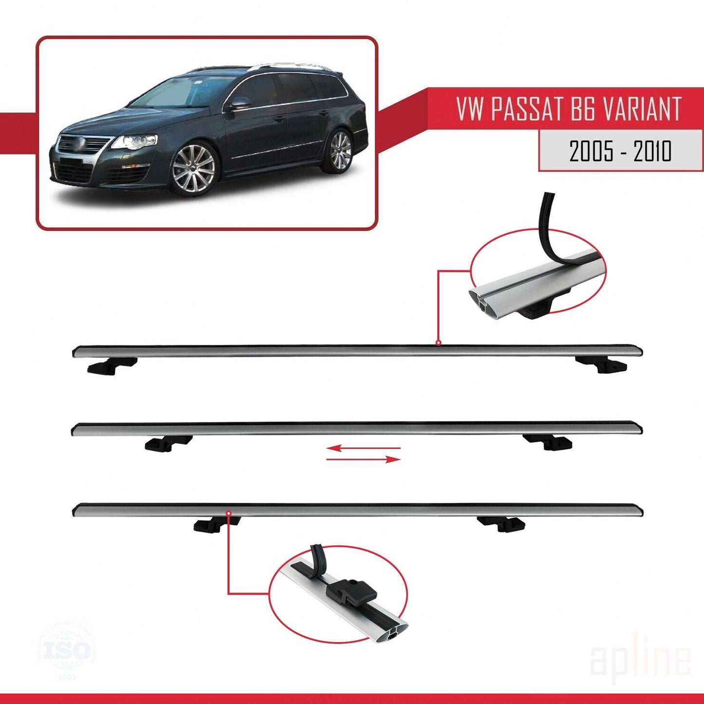 Compatible avec Volkswagen Passat B6 (3C) Variant 2005-2010 BASIC Model Barres de Toit Railing Porte-Bagages de Voiture Gris Aluminium 2 Barres