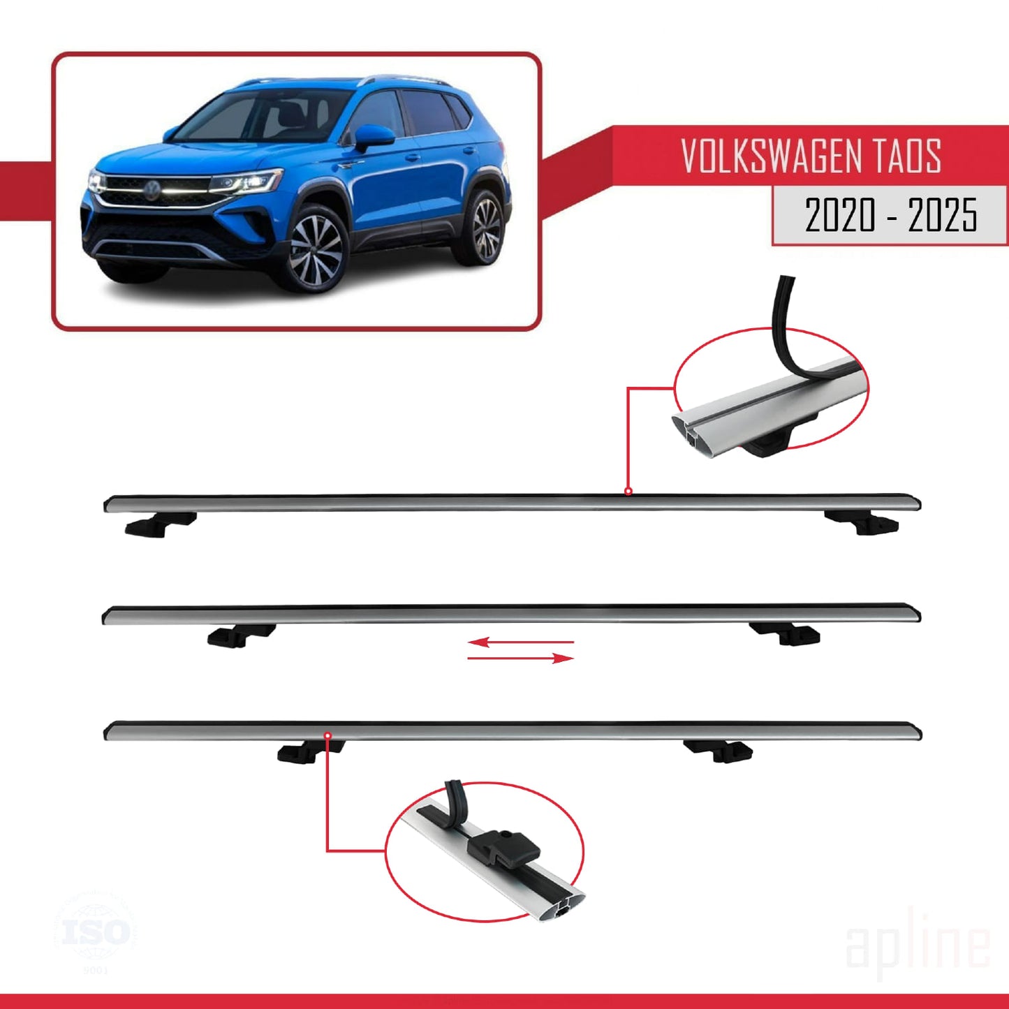 Compatible avec Volkswagen Taos 2021-2025 BASIC Model Barres de Toit Railing Porte-Bagages de Voiture Gris Aluminium 3 Barres