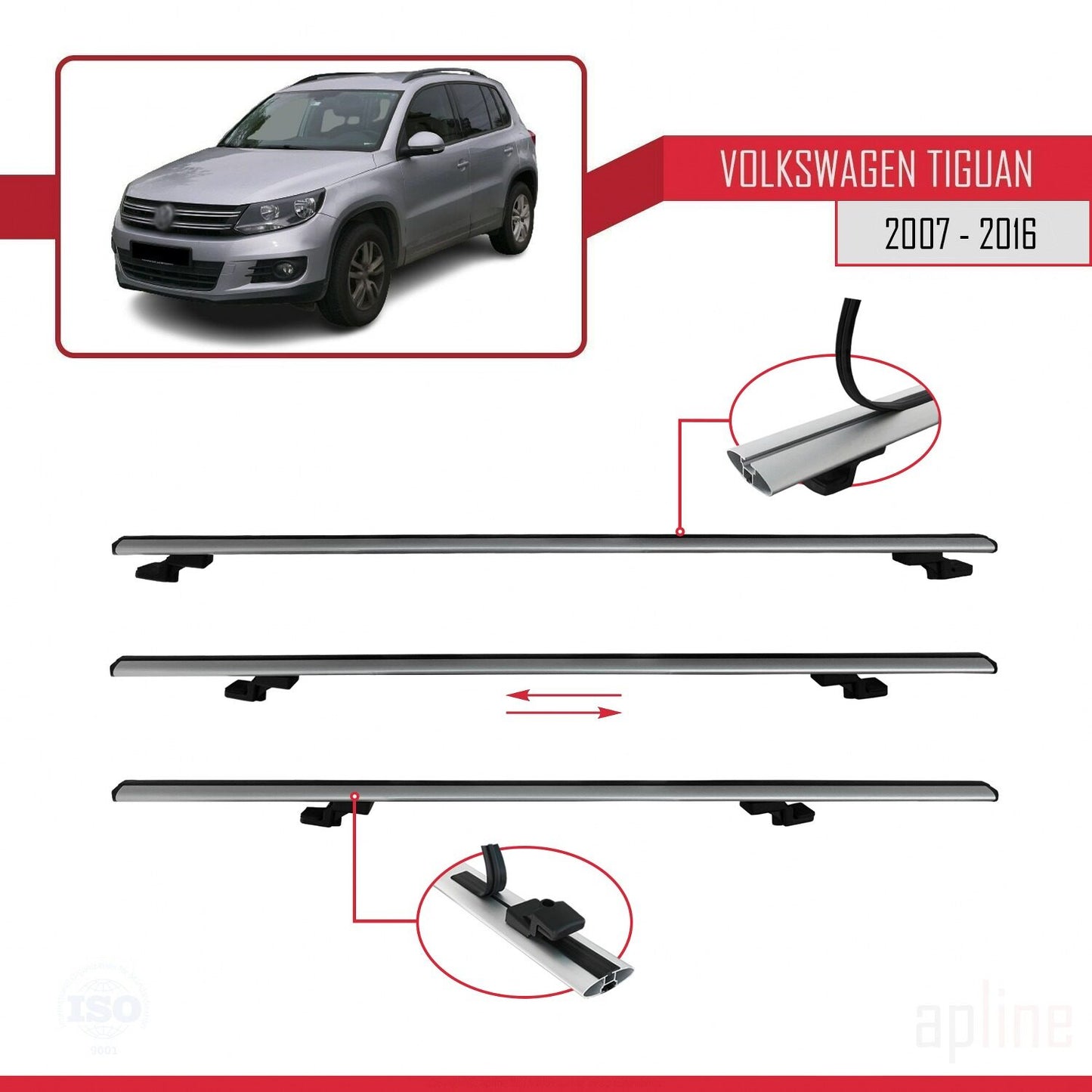 Compatible avec Volkswagen Tiguan (5N) 2007-2016 BASIC Model Barres de Toit Railing Porte-Bagages de Voiture Gris Aluminium 2 Barres