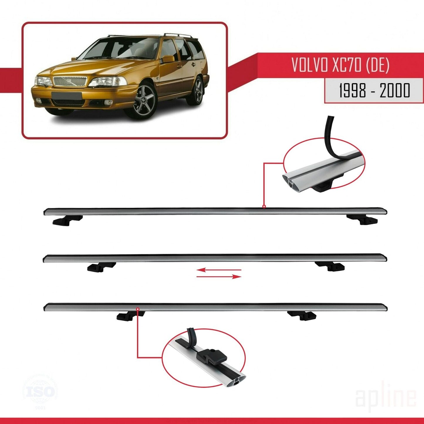 Compatible avec Volvo XC70 1998-2000 BASIC Model Barres de Toit Railing Porte-Bagages de Voiture Gris Aluminium 2 Barres