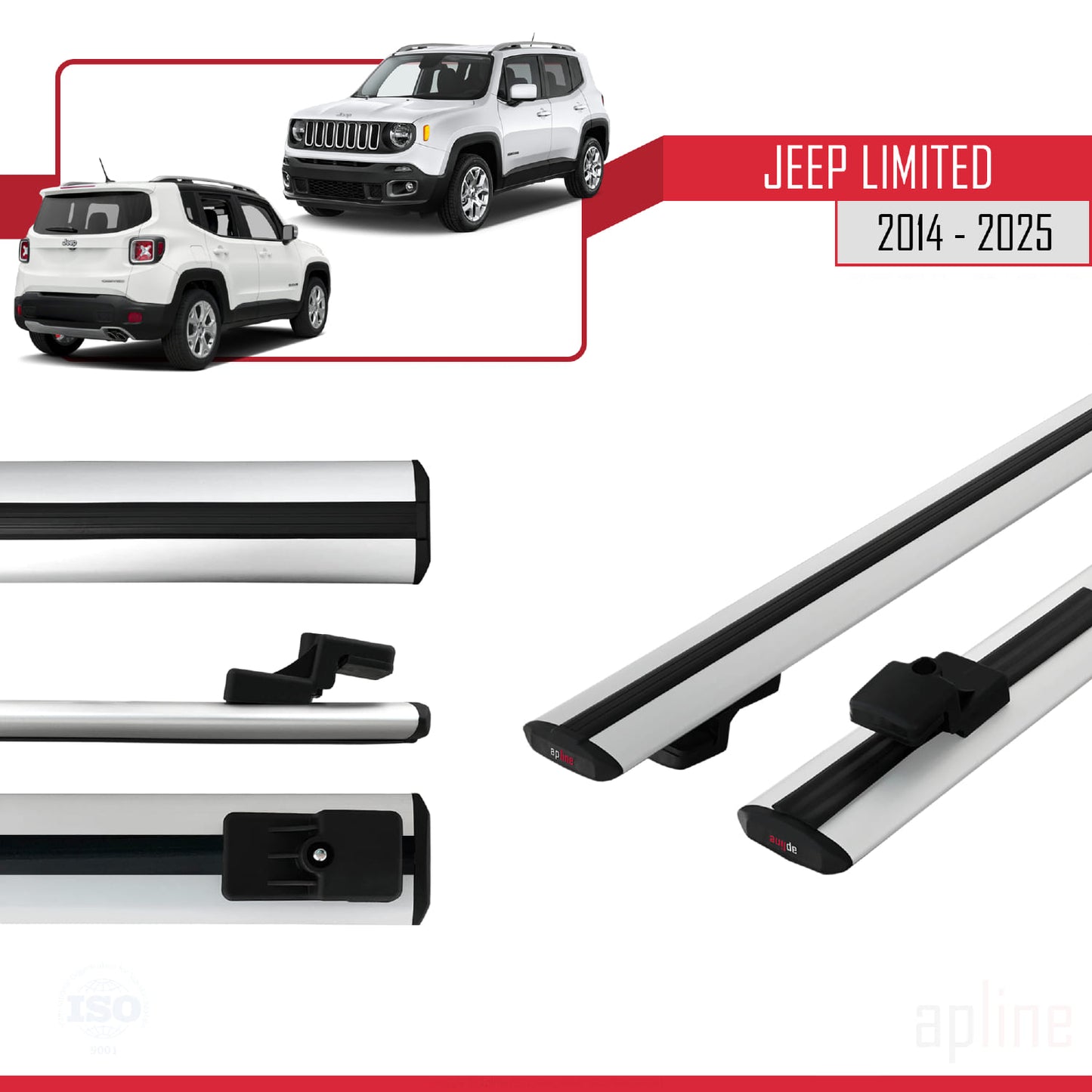 Compatible avec Jeep Limited 2014-2025 BASIC Model Barres de Toit Railing Porte-Bagages de Voiture Gris Aluminium 2 Barres