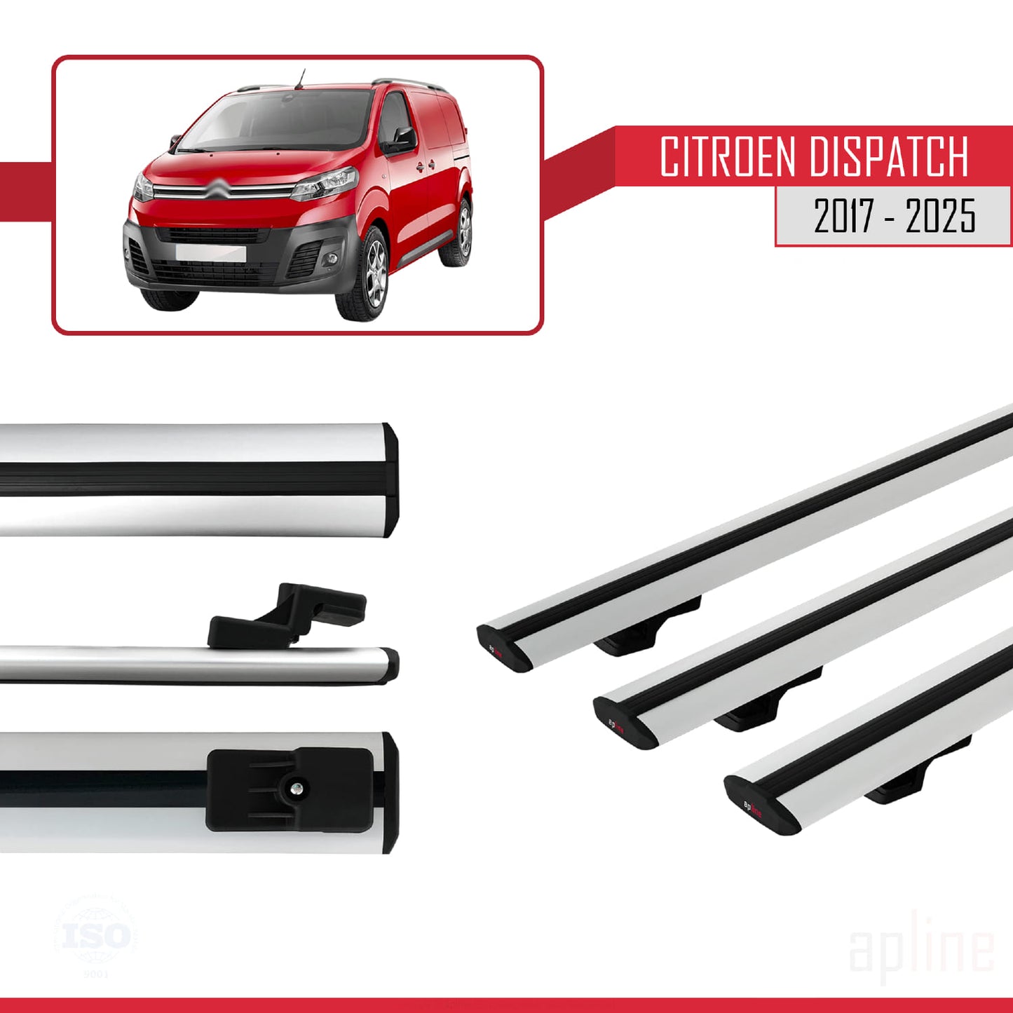 Compatible avec Citroen Dispatch (K0) 2017-2025 BASIC Model Barres de Toit Railing Porte-Bagages de Voiture Gris Aluminium 3 Barres