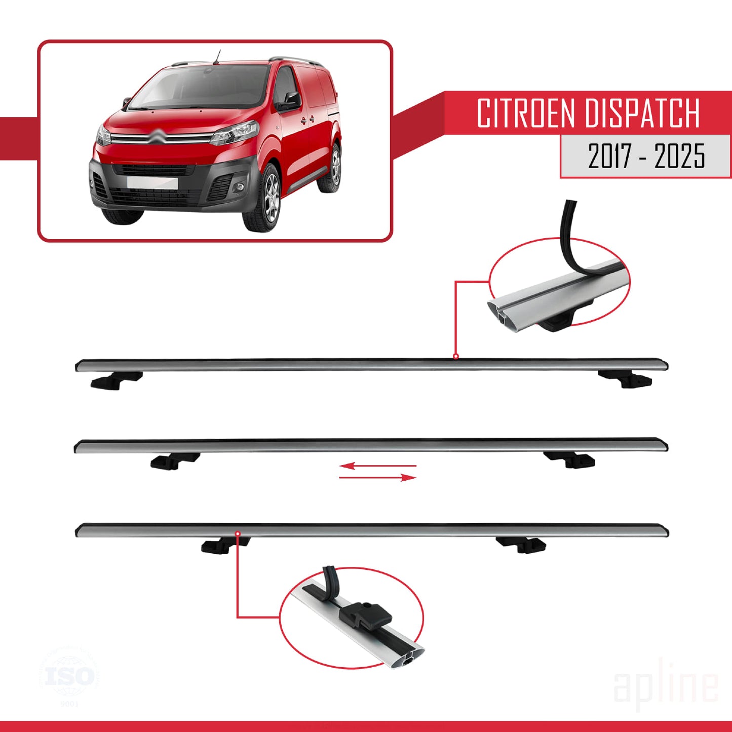 Compatible avec Citroen Dispatch (K0) 2017-2025 BASIC Model Barres de Toit Railing Porte-Bagages de Voiture Gris Aluminium 4 Barres