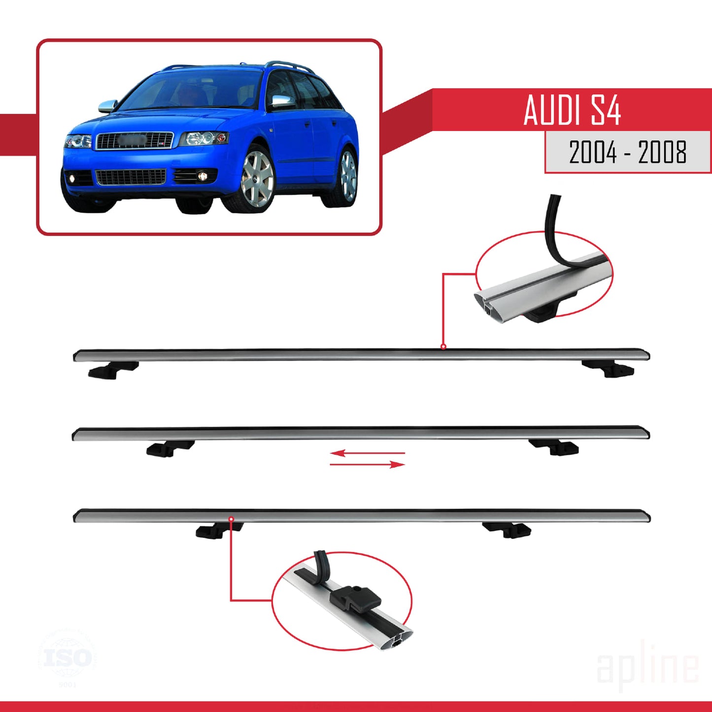 Compatible avec Audi S4 2004-2008 BASIC Model Barres de Toit Railing Porte-Bagages de Voiture Gris Aluminium 3 Barres