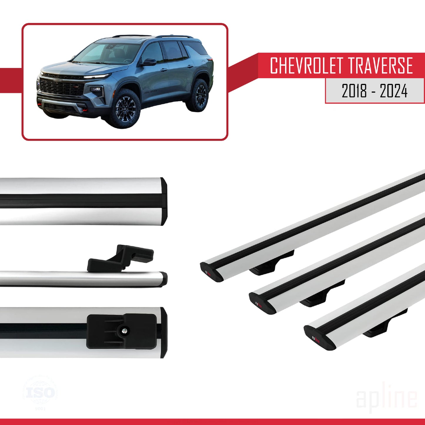 BASIC Model Dakdrager bagagedrager compatibel met Chevrolet Traverse 2018-2024 Spoorstaven Grijs Aluminium 3 Staven